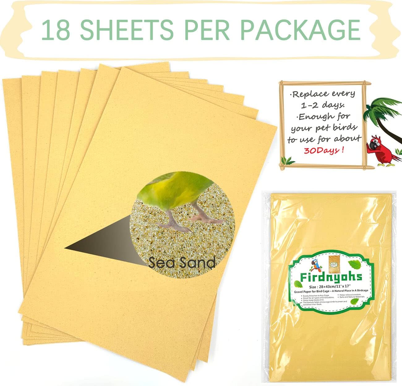20PCS Gravel Paper for Bird Cage,11x17 Inch Bird cage Liner Gravel Paper Special for Bird Cage in sea Sand-Great for Hard-Billed Birds Safe& Clean & Easy for Improved Digestion…