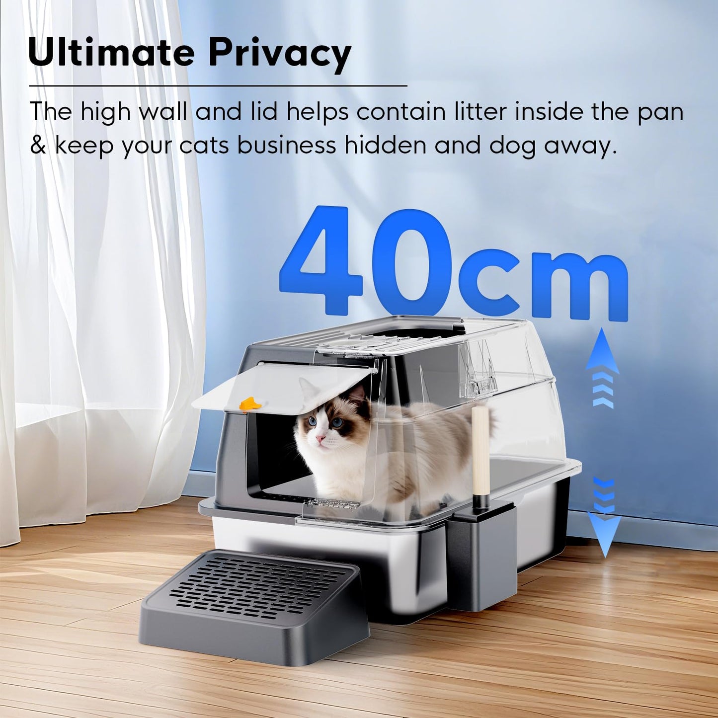 TENTIZON Stainless Steel Cat Litter Box, Extra Large Enclosed Kitty Litter Box with Removable Lid, Scoop, Pedal, XL High Sided Metal Litter Pan for Kitten, Big Cats Up to 11KG