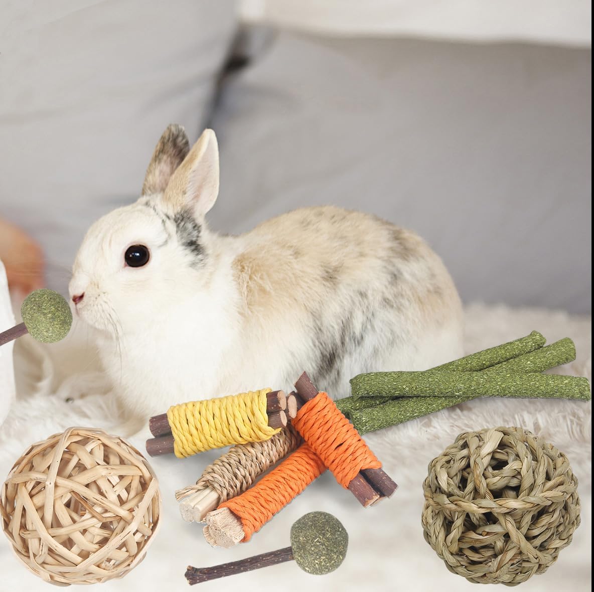 Rabbit Toys Guinea Pig Toys Hamster Toys Bunny Toys 18Pcs Natural Timothy Hay Sticks Apple Wood Sticks Chinchilla Toys for Teeth Care Handmade