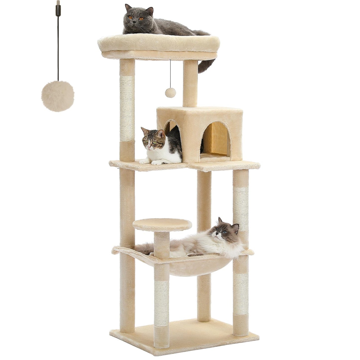 PEQULTI Cat Tree for Large Cats with Super Large Top Perch, [56.3"=143cm] Tower for Indoor Cats with Hammock and Sleeping Bag, Cat Shelves with Scratching Posts and 2 Condos Houses Grey