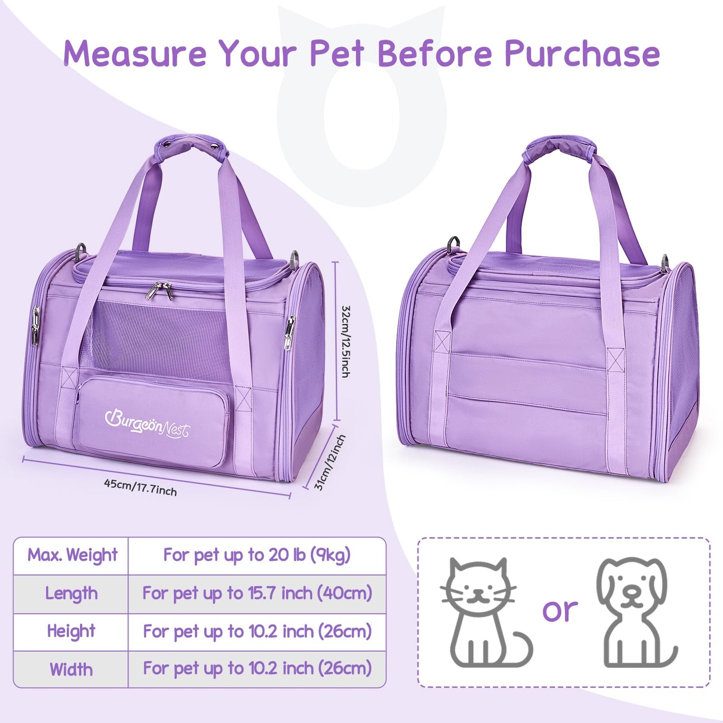 BurgeonNest Dog Carrier for Small Dogs and Large Cats Under 20 lbs, Medium Cats 25 lbs, and with Unique Side Bag,Top Load Pet Carrier Soft-Sided Escape Proof with 4 Ventilated Windows