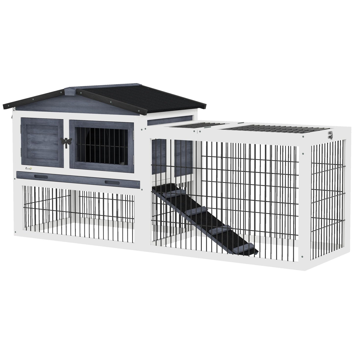 PawHut Solid Wood Rabbit Hutch Bunny Cage Pet Guinea Pig House Outdoor Small Animal Habitat w/Ramp, Weather-Resistant Asphalt Openable Roof, Pull-Out Tray, Dark Grey