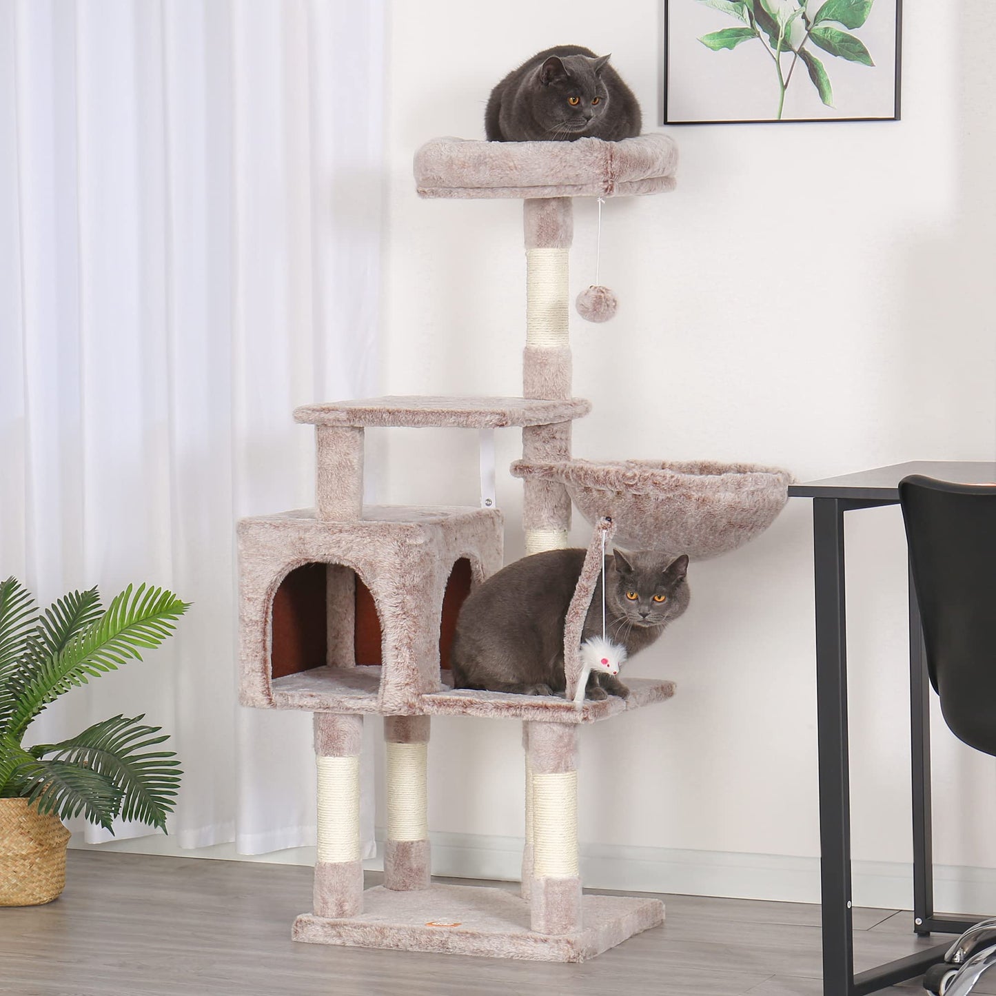 Heybly Cat Tree with Toy, Cat Tower condo for Indoor Cats, Cat House with Padded Plush Perch, Cozy Hammock and Sisal Scratching Posts, Light Gray HCT004SW