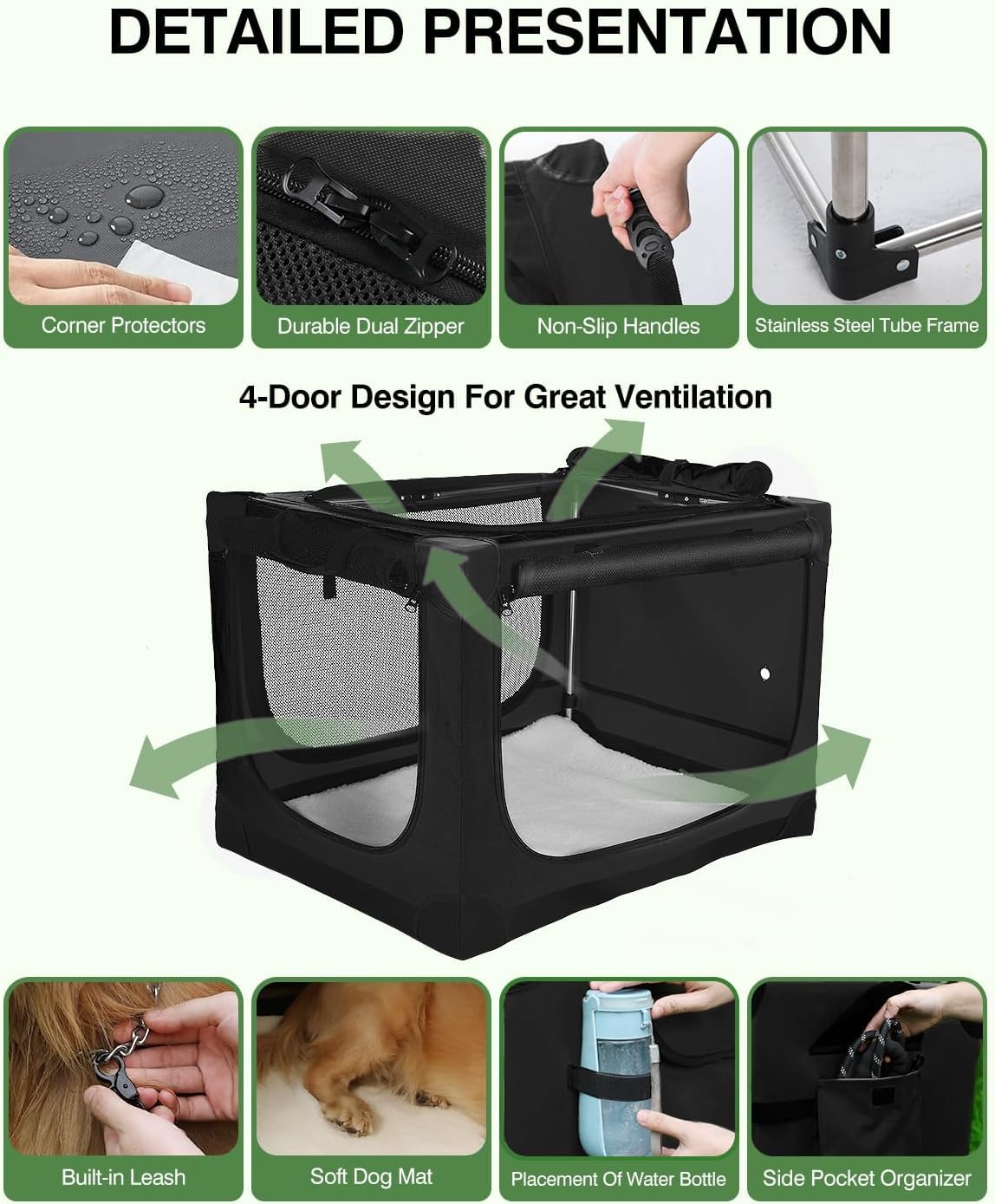 Veraste 30 Inch Collapsible Travel Dog Crate for Medium Large Dogs, Portable Dog Crate 4-Door Foldable Soft Kennel with Chew-Proof Mesh Windows for Indoor & Outdoor, with Storage Bag（Green）