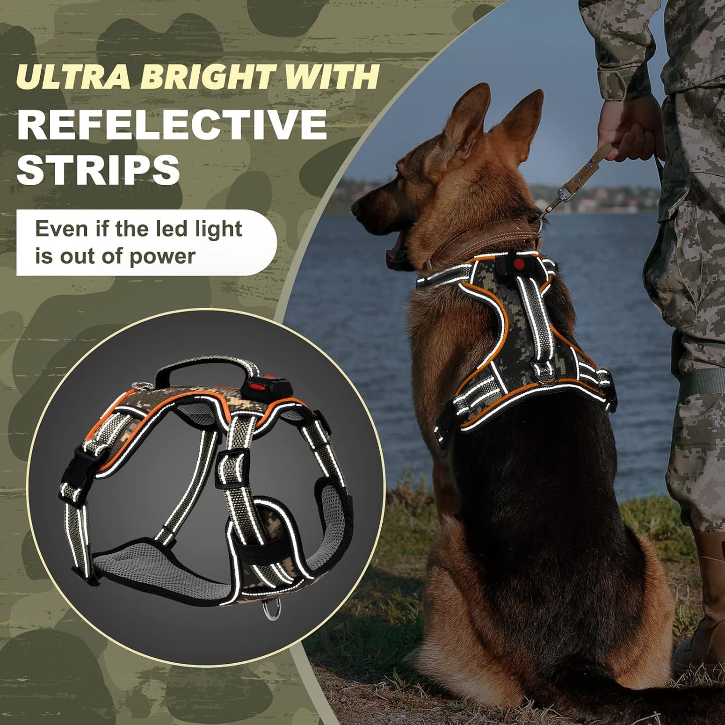 Light Up Dog Harness No Pull, LED Dog Harness with Soft Handle Rechargeable, Lighted Glowing Pet Vest Harness for Large Dogs Night Walking, Reflective/4 Point Adjustable/High Visibility - Orange, L Furr-Reel