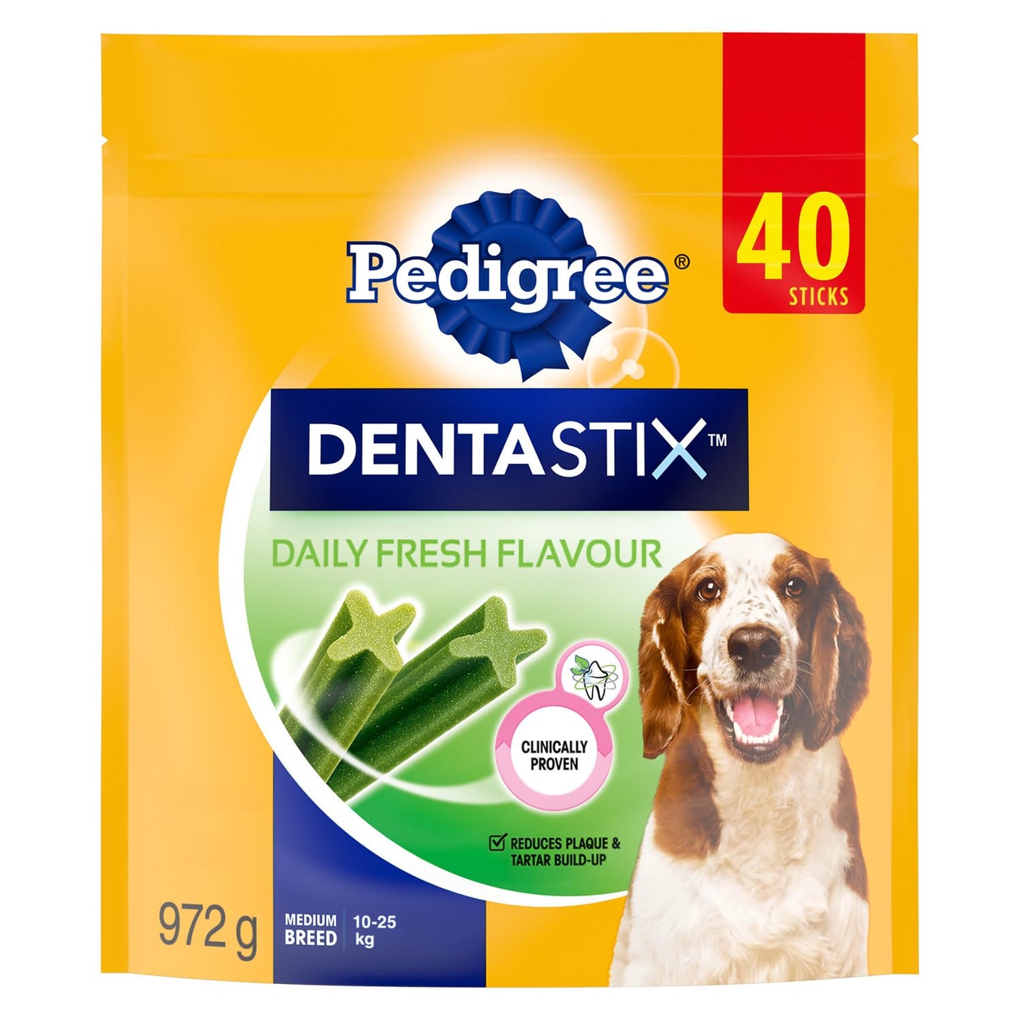 PEDIGREE DENTASTIX Oral Care Beef Flavour Adult Dog Treats - For Medium Breeds - Reduces Plaque and Tartar Buildup - 40 Sticks 972g Pouch
