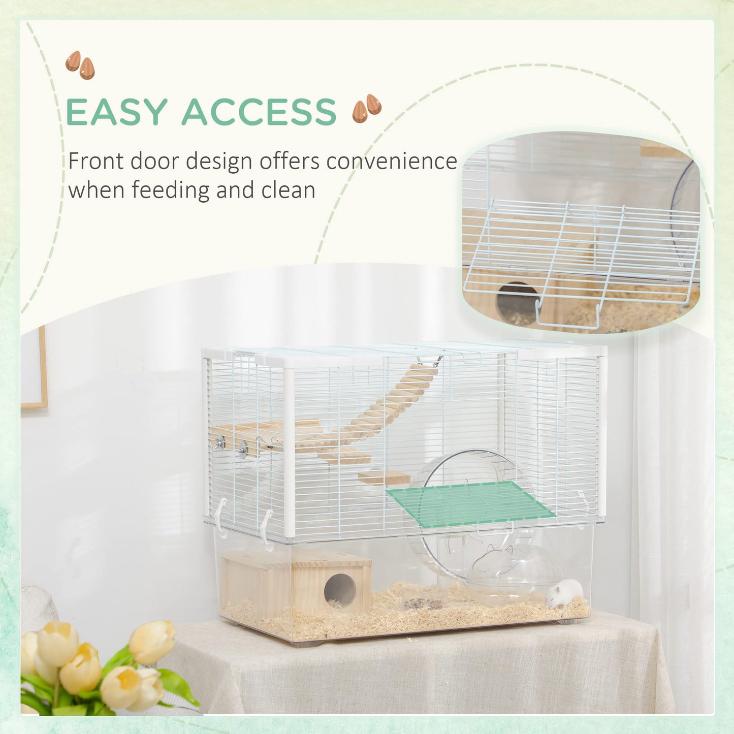 PawHut Hamster Cage, Transparent Small Animal House with Deep Bottom, Wooden Ramp, Hut, Bathroom and Exercise Wheel for Hamster and Gerbil, 23.2" L x 14" W x 18.5" H, Two Huts