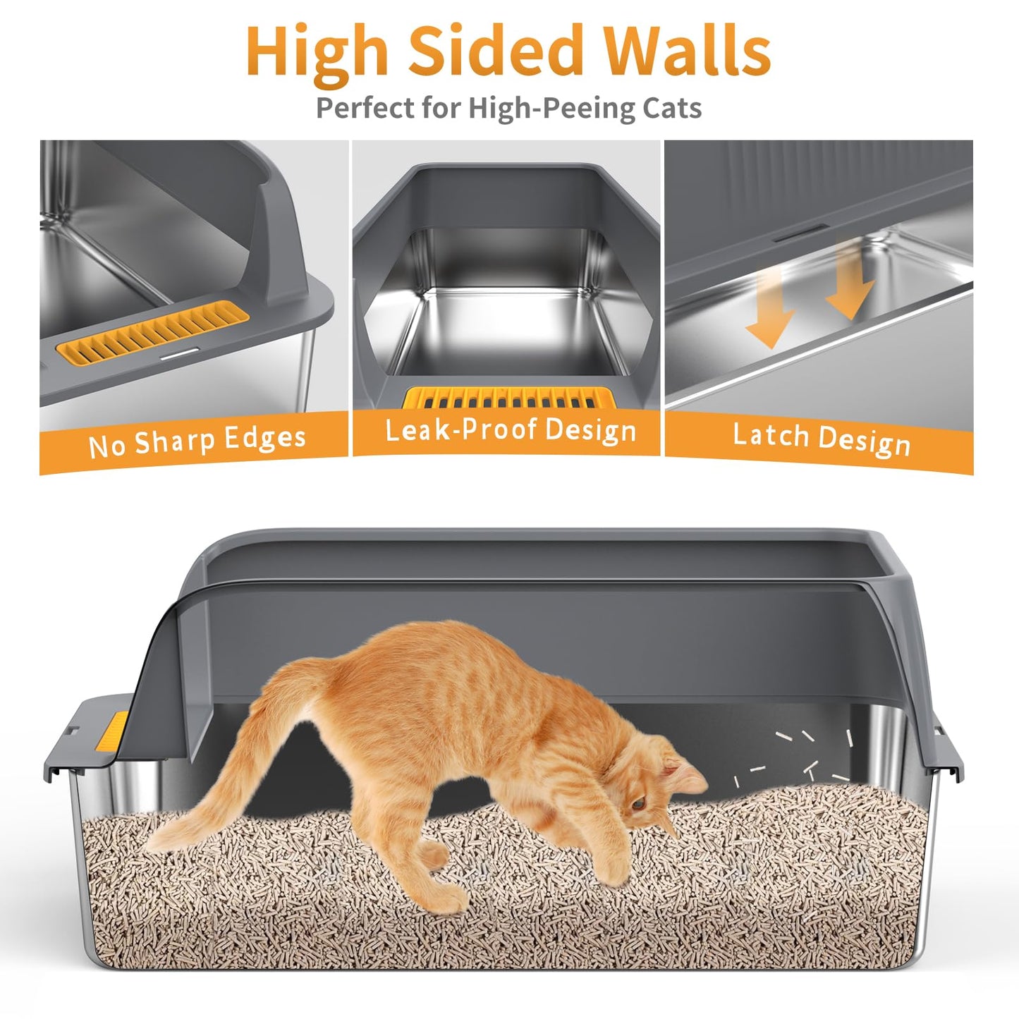 XXL Stainless Steel Litter Box,Extra Large Enclosed Litter Box,High Side Cat LitterBox for Large Cats and Multi-Cats,Non-Sticky,Anti-Leakage and Easy to Clean,Size:50x70x43cm
