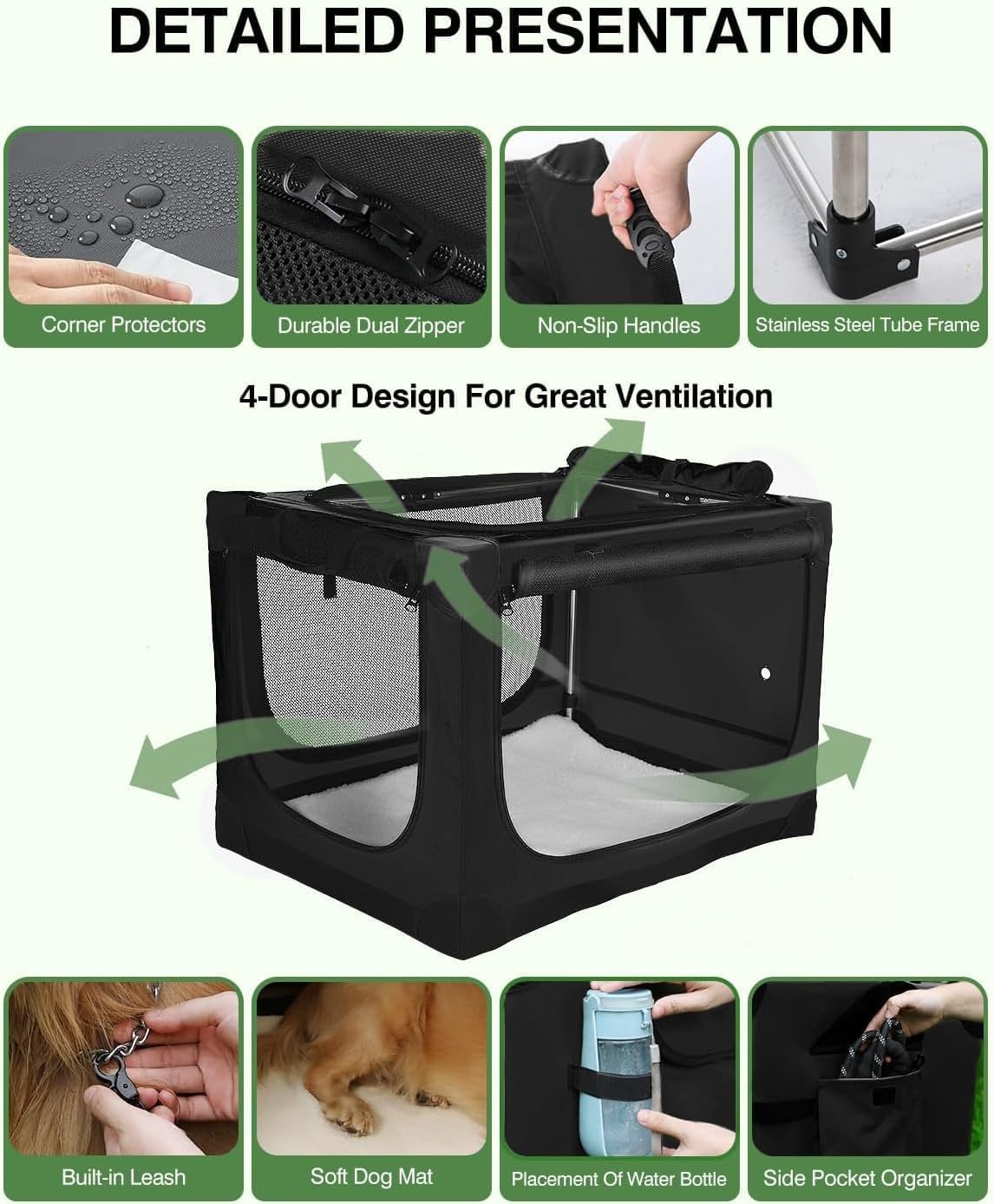 Veraste 30 Inch Collapsible Travel Dog Crate for Medium Large Dogs, Portable Dog Crate 4-Door Foldable Soft Kennel with Chew-Proof Mesh Windows for Indoor & Outdoor, with Storage Bag（Green）