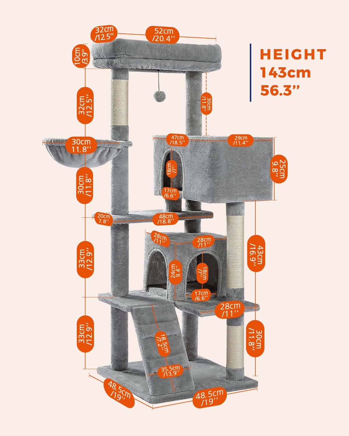 PEQULTI Cat Tree for Large Cats with Super Large Top Perch, [56.3"=143cm] Tower for Indoor Cats with Hammock and Sleeping Bag, Cat Shelves with Scratching Posts and 2 Condos Houses Grey