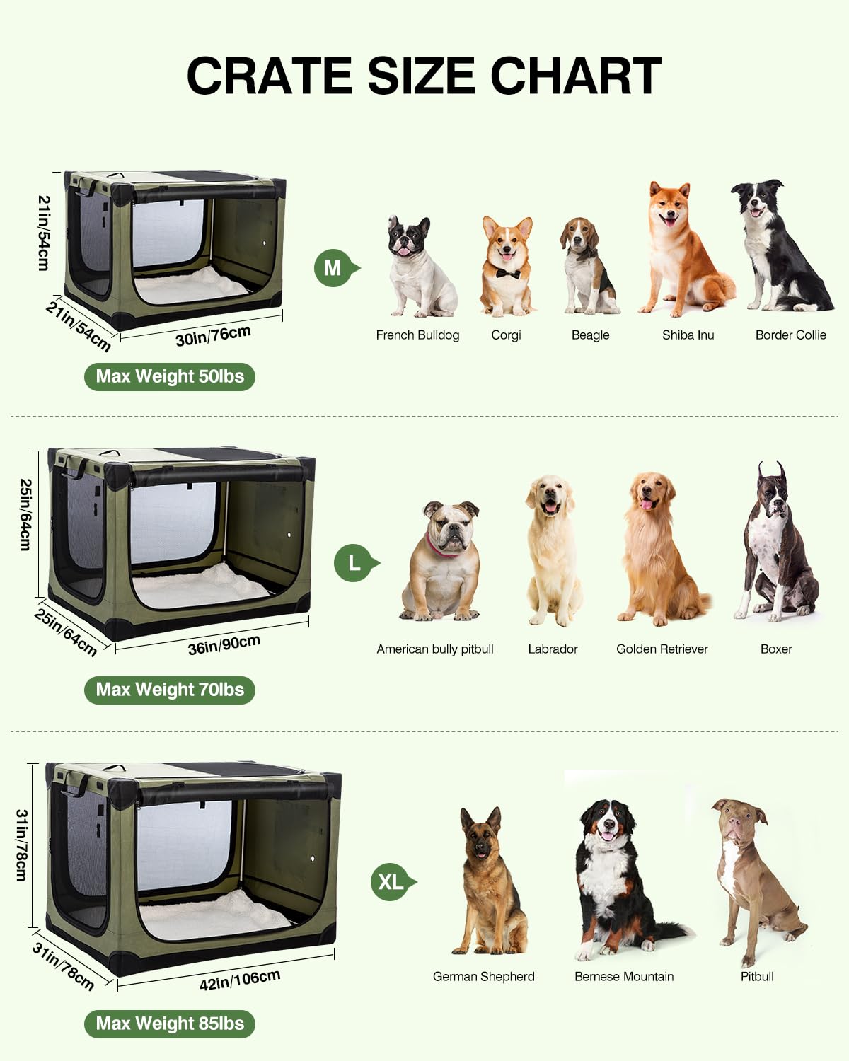 Veraste 30 Inch Collapsible Travel Dog Crate for Medium Large Dogs, Portable Dog Crate 4-Door Foldable Soft Kennel with Chew-Proof Mesh Windows for Indoor & Outdoor, with Storage Bag（Green）