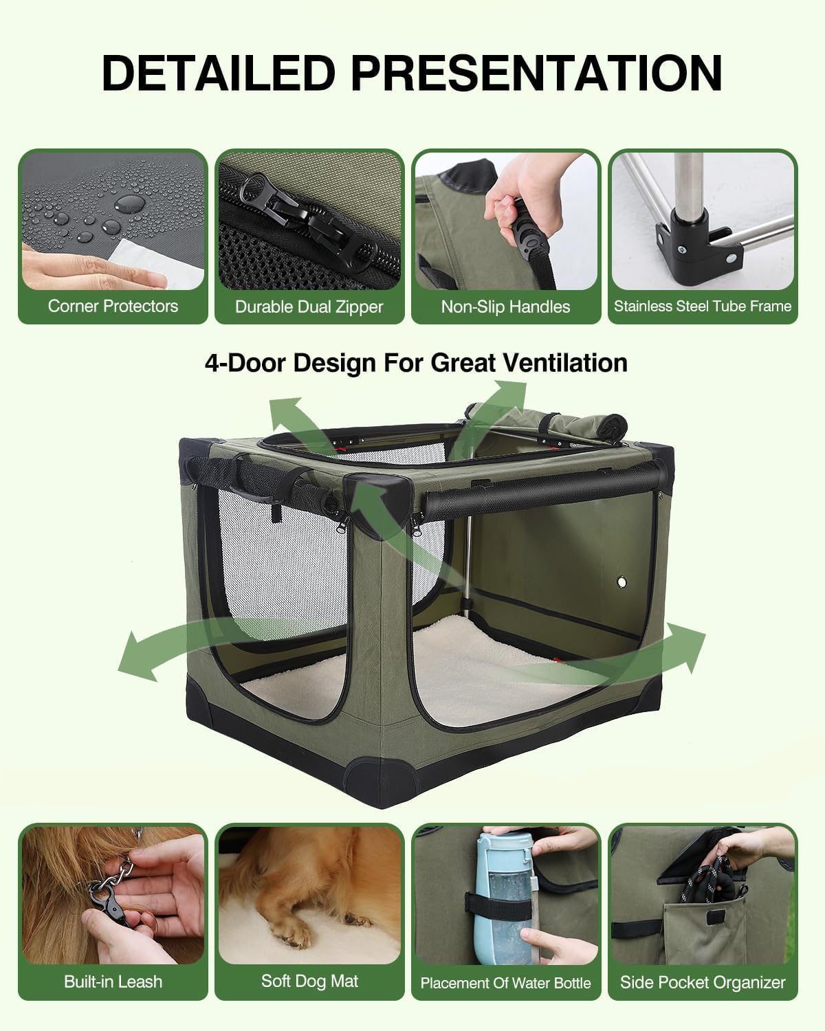 Veraste 30 Inch Collapsible Travel Dog Crate for Medium Large Dogs, Portable Dog Crate 4-Door Foldable Soft Kennel with Chew-Proof Mesh Windows for Indoor & Outdoor, with Storage Bag（Green）