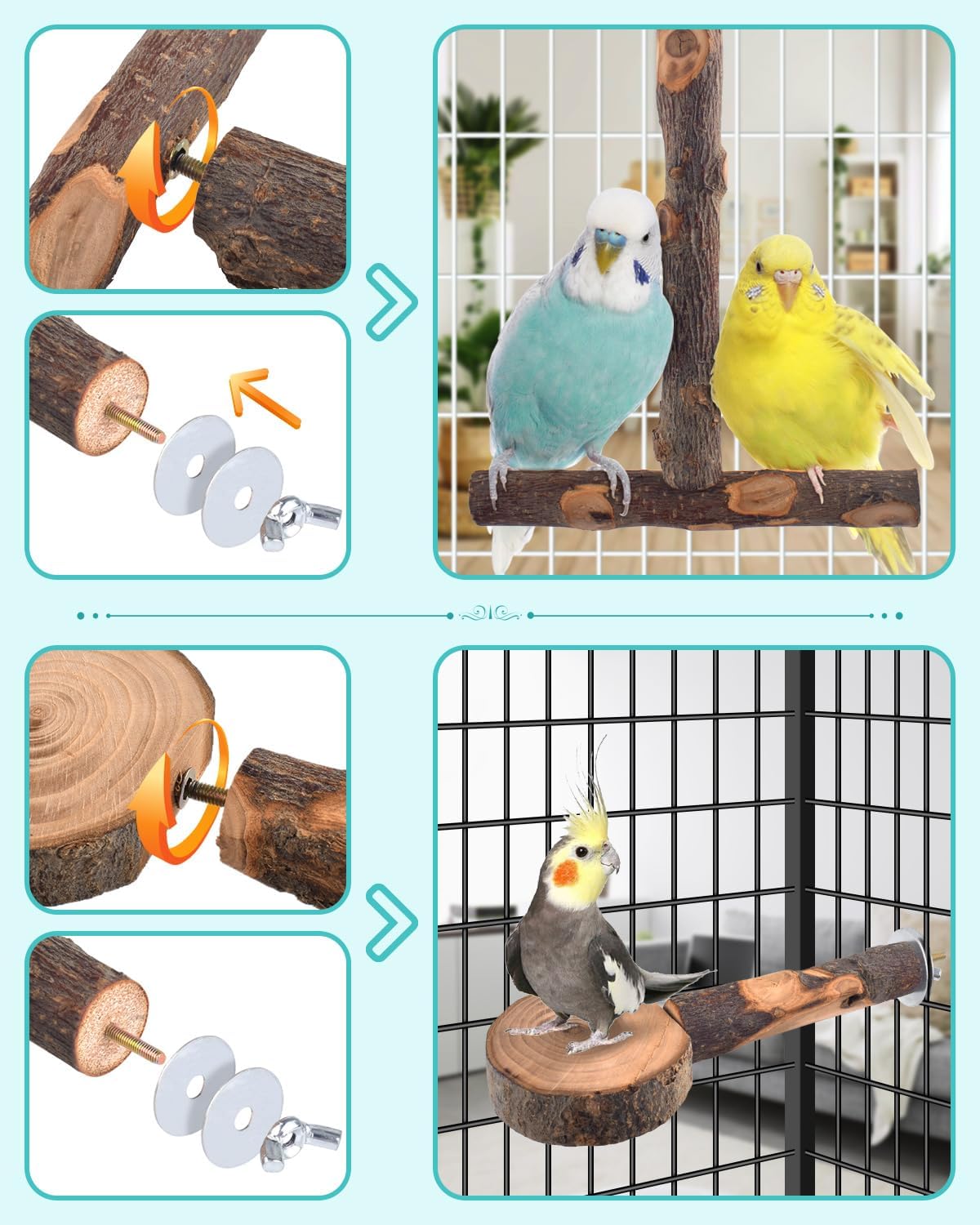 Bird Perches, 8pcs Natural Wood Parrot Perch Platform Chewing Toys Cage Accessories Hanging Multi-Branch Perch Stand Swing Toy Rope Perches for Small and Medium Parakeet, Budgies, Conures Furr-Reel