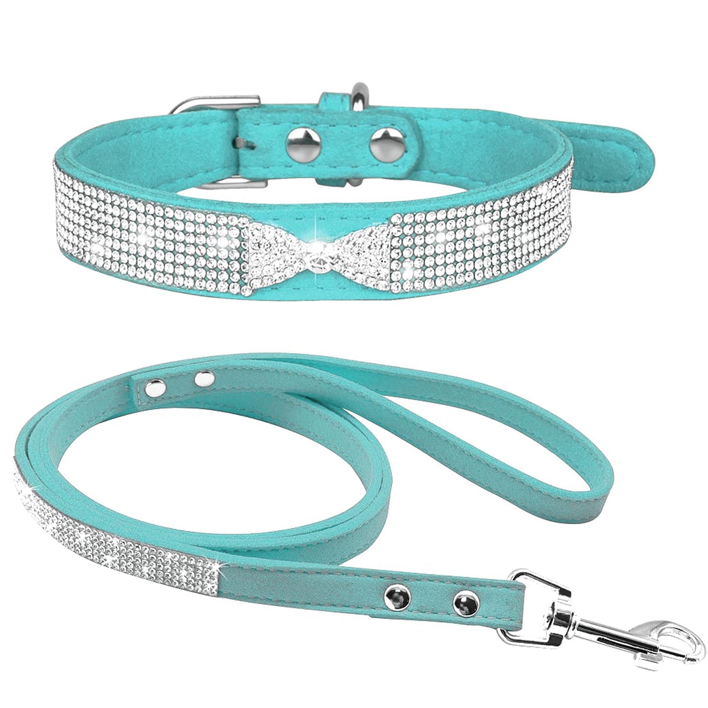 haoyueer Haoyueer Cute Dazzling Sparkling Elegant Fancy Soft Suede Leather Bling Rhinestone Crystal Jeweled Pet Cat Dog Puppy Collar Dog Leash Combo Set (XS,Pink-5)