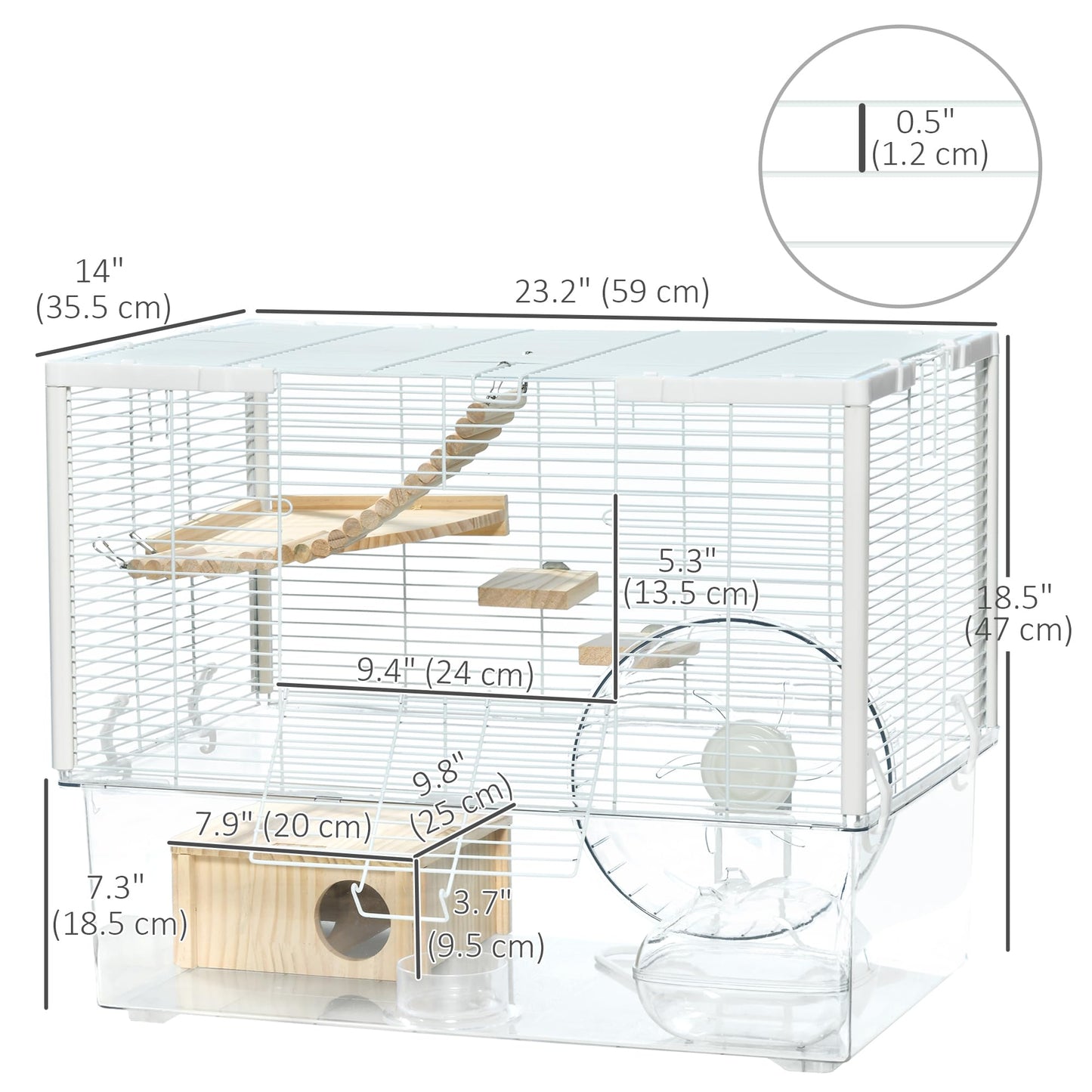 PawHut Hamster Cage, Transparent Small Animal House with Deep Bottom, Wooden Ramp, Hut, Bathroom and Exercise Wheel for Hamster and Gerbil, 23.2" L x 14" W x 18.5" H, Two Huts