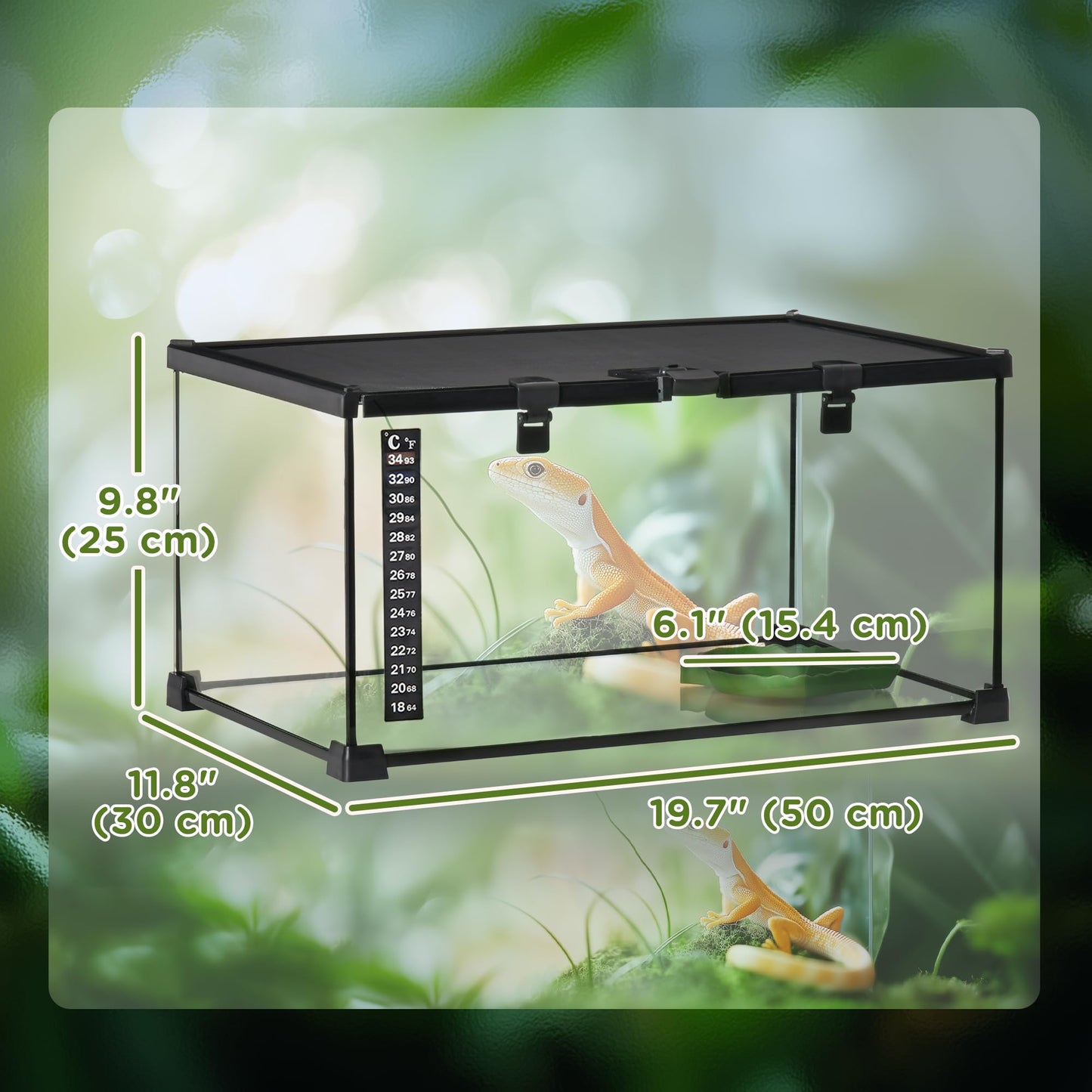 PawHut Glass Reptile Terrarium, 20"x12"x10"Jumping Spider Enclosure with Thermometer, Water Basin, Full View Visually for Lizards, Horned Frogs, Snakes, Spiders - Black - Furr-Reel