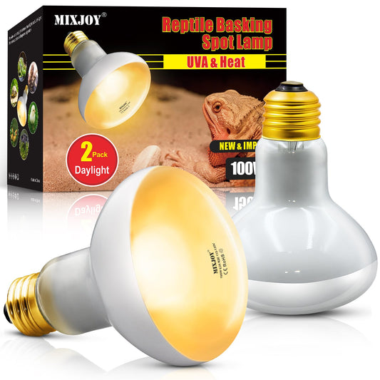 MIXJOY Reptile Heat Lamp, 2 Pack 100W Reptile Heat Lamp Bulbs, UVA Daylight Basking Spot Light for Reptiles and Amphibians - Lizard, Tortoise, Bearded Dragon