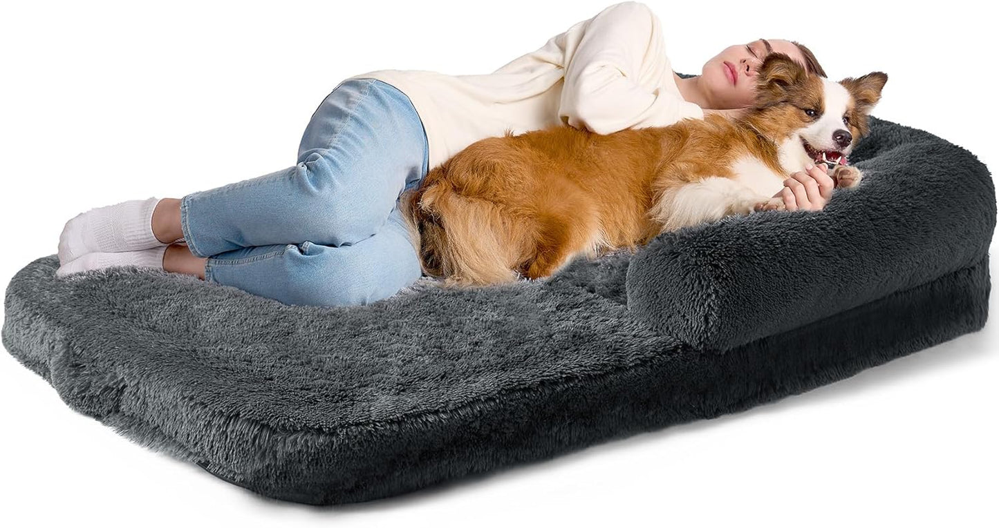 EHEYCIGA Foldable XXL Dog Bed, 54"x38"x7.5" Memory Foam Orthopedic Dog Couch for Extra Large Dogs, Calming Waterproof Pet Sofa with Washable Cover, Human Dog Bed for Kids, Dark Grey - Furr-Reel