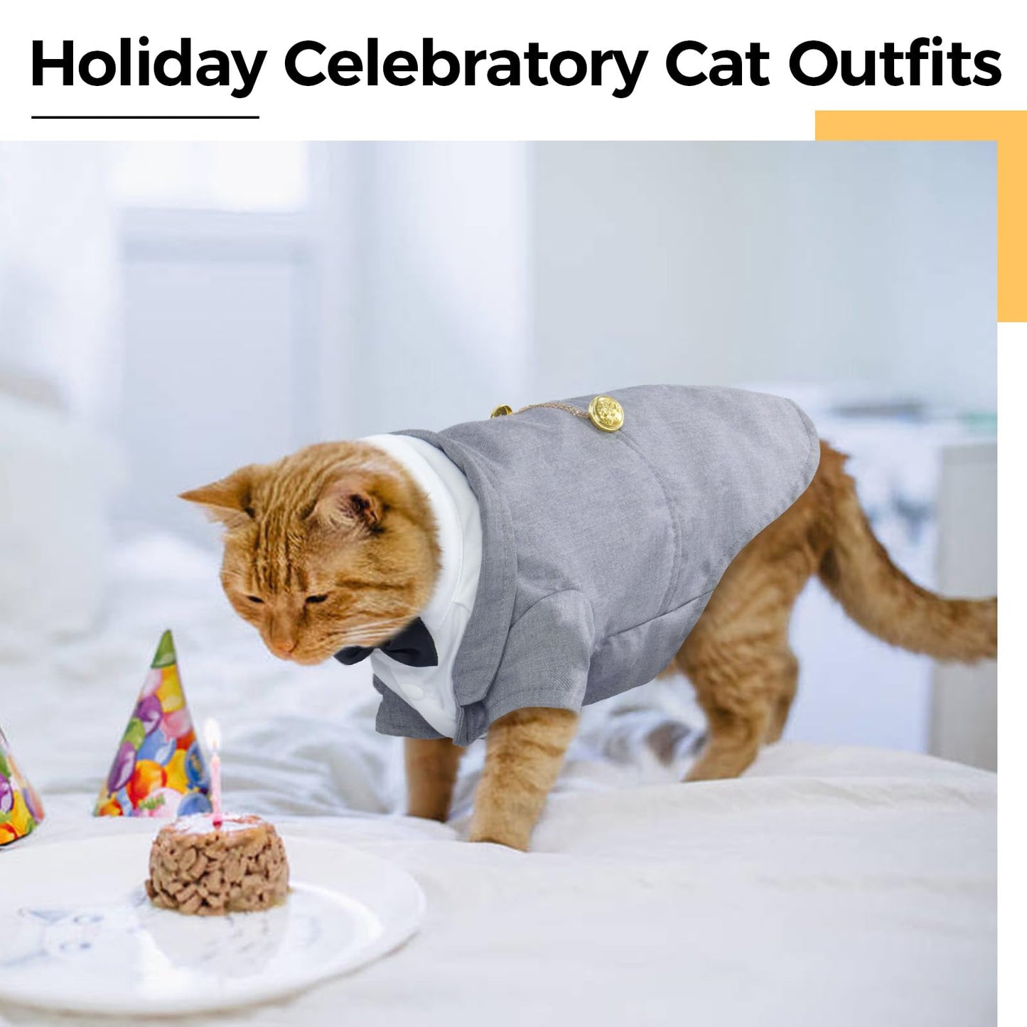 DENTRUN Cat Tuxedo Outfit, Sphynx Cat Costume Formal Suit with Bow Tie, Stylish Cat Shirt Fashion Apparel Fancy Clothes, Kitten Formal Attire Wedding Onesie Costume for Cats Only