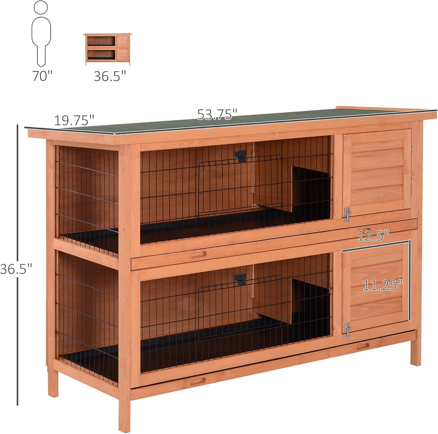 PawHut Grand clapier en bois à 2 étages avec portes verrouillables, bac anti-fuites et toit étanche pour extérieur/intérieur Orange 137,2 cm