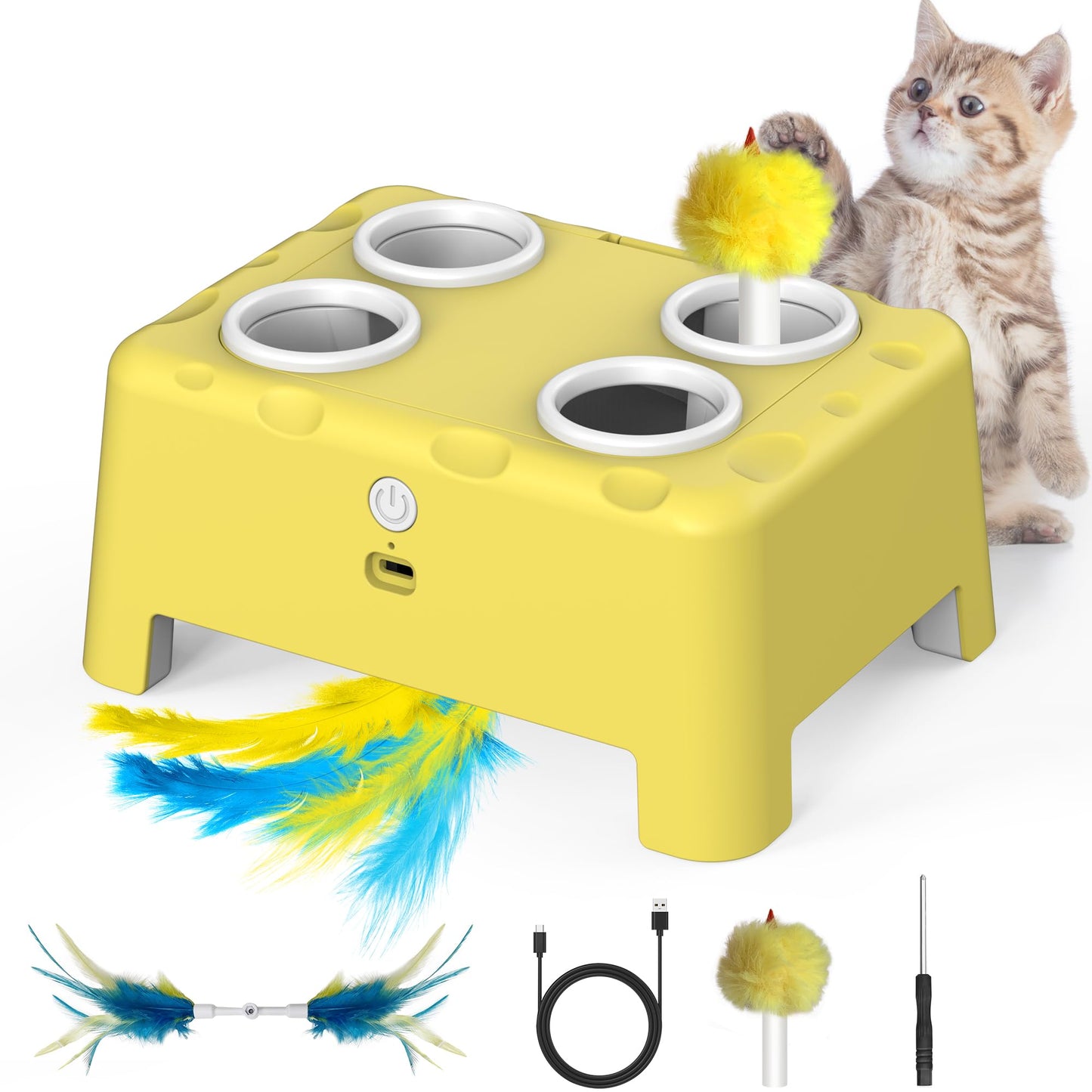 Bolpetizo Interactive Cat Toys, 2-in-1 Automatic Cat Toy, 4 Holes Mice Whack A Mole, Cat Mouse Toy with Chirping Bird Sound, Moving Feather, Portable USB Rechargeable Electronic Kitten Toy White Green