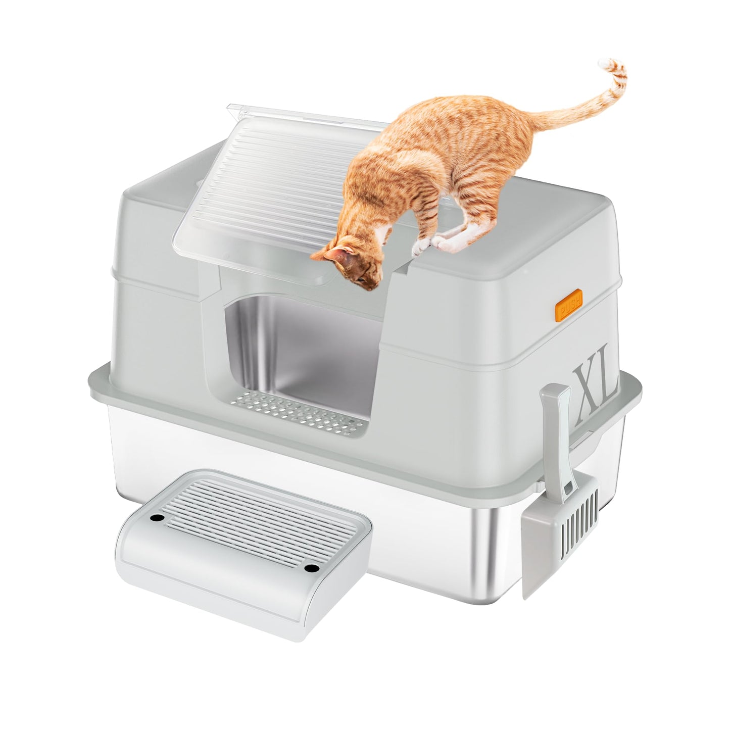 TENTIZON Stainless Steel Cat Litter Box, Extra Large Enclosed Kitty Litter Box with Removable Lid, Scoop, Pedal, XL High Sided Metal Litter Pan for Kitten, Big Cats Up to 11KG
