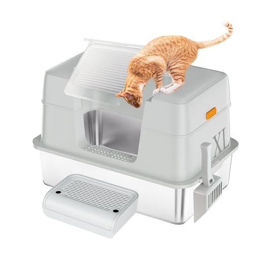 TENTIZON Stainless Steel Cat Litter Box, Extra Large Enclosed Kitty Litter Box with Removable Lid, Scoop, Pedal, XL High Sided Metal Litter Pan for Kitten, Big Cats Up to 11KG