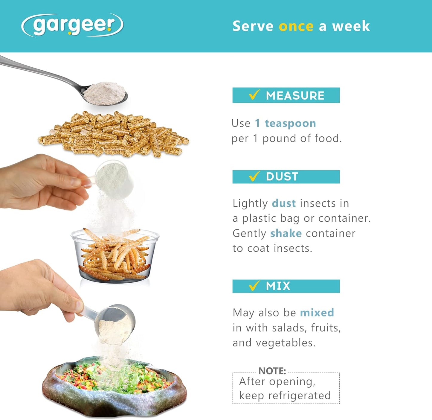 Gargeer Reptile Probiotics. Improve Appetite, Digestion and Boost Immune System. Supplement 10-12 Pounds of Food with Our 2 Oz Bag. Enjoy!