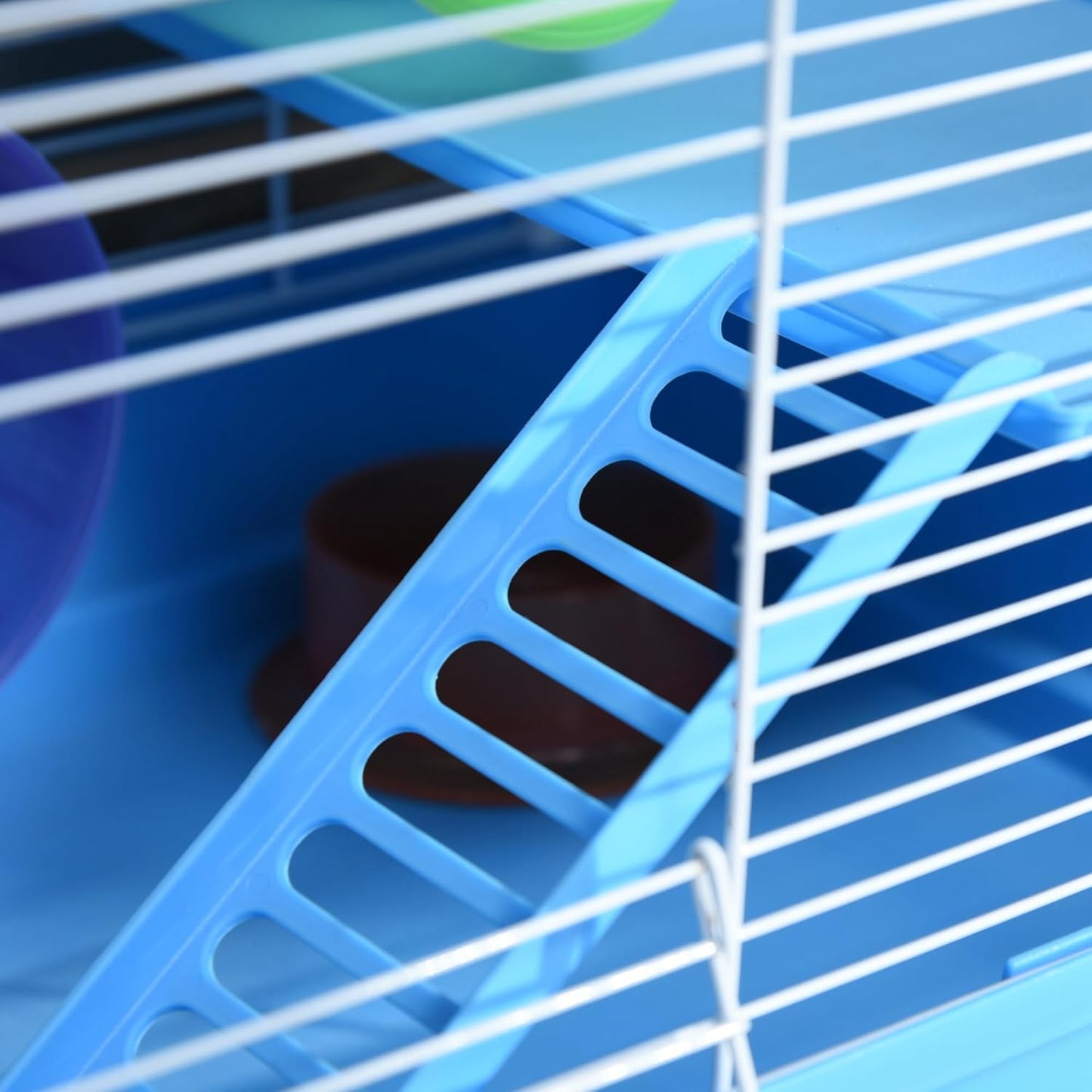 PawHut Cage pour hamster, petit animal - 45,7 cm de long - 2 niveaux - Avec système de tube tunnel - Roue d'exercice - Bouteille d'eau - Gamelle - Rampe - Bleu