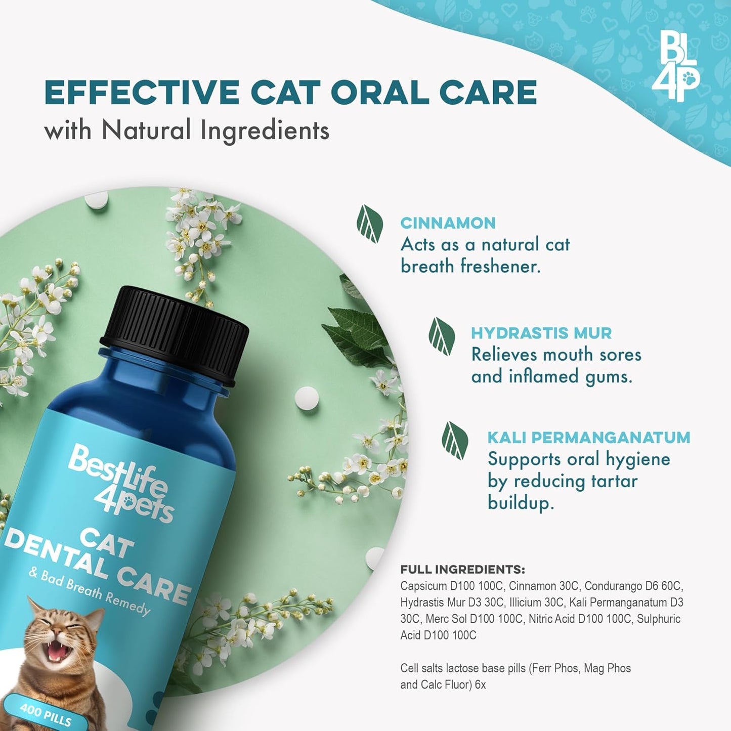 Cat Dental Care & Bad Breath Remedy, Natural Oral Health for Cats Teeth, Mouth, Gums, Daily Cat Breath Freshener, Plaque and Tartar Control Help Gingivitis and Stomatitis, Easy to Use 400 Tiny Pills