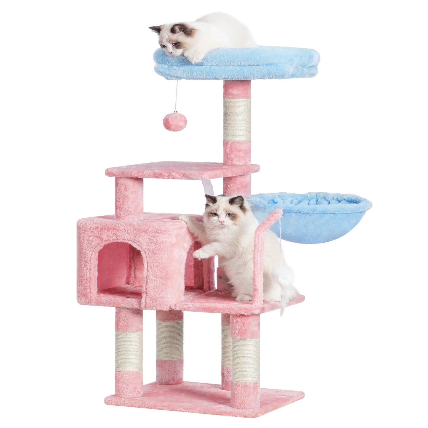 Heybly Cat Tree with Toy, Cat Tower condo for Indoor Cats, Cat House with Padded Plush Perch, Cozy Hammock and Sisal Scratching Posts, Light Gray HCT004SW