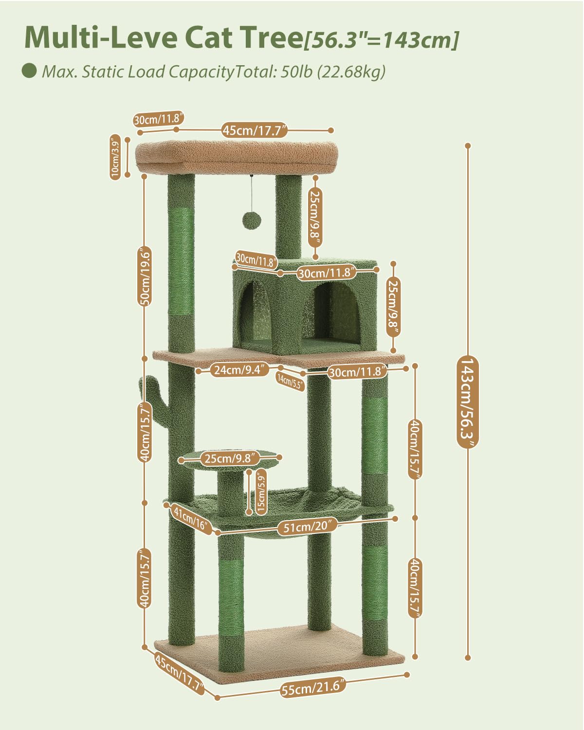 PEQULTI Cat Tree for Large Cats with Super Large Top Perch, [56.3"=143cm] Tower for Indoor Cats with Hammock and Sleeping Bag, Cat Shelves with Scratching Posts and 2 Condos Houses Grey
