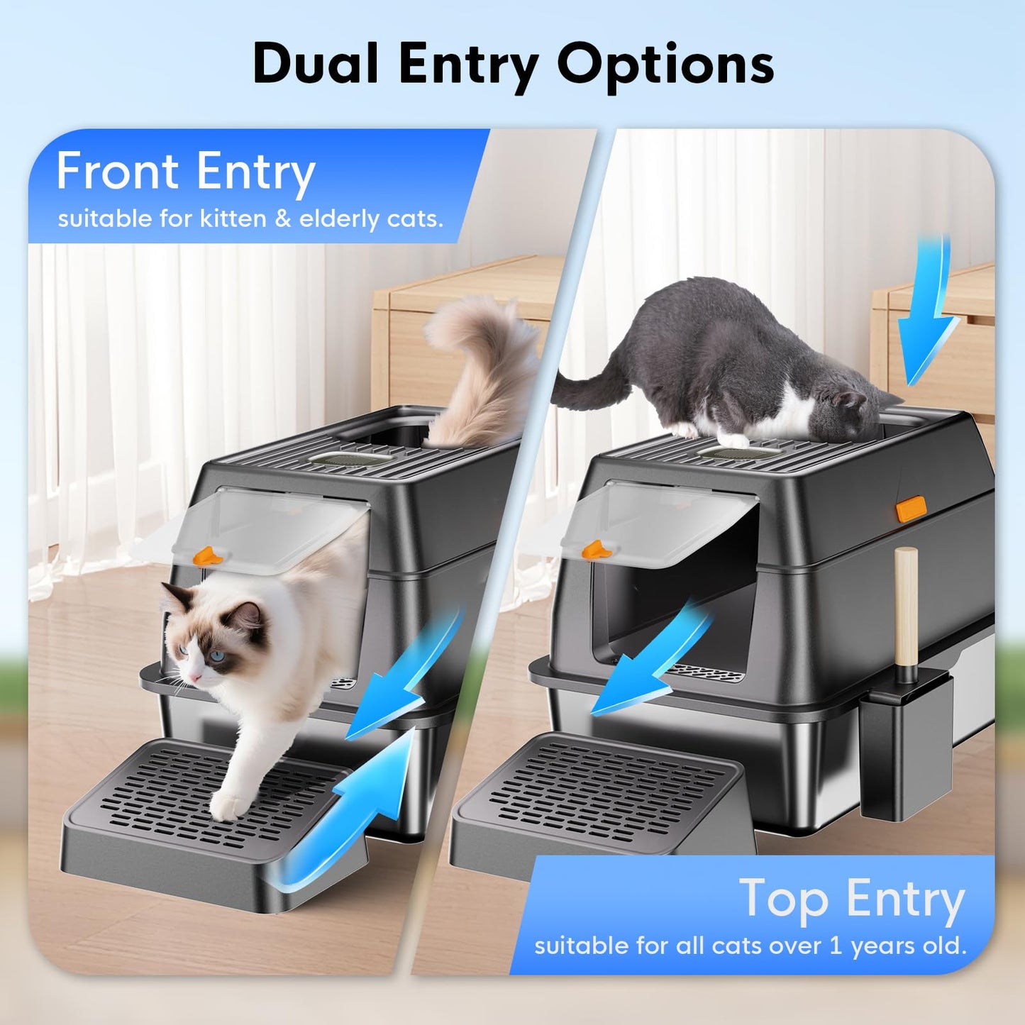 TENTIZON Stainless Steel Cat Litter Box, Extra Large Enclosed Kitty Litter Box with Removable Lid, Scoop, Pedal, XL High Sided Metal Litter Pan for Kitten, Big Cats Up to 11KG