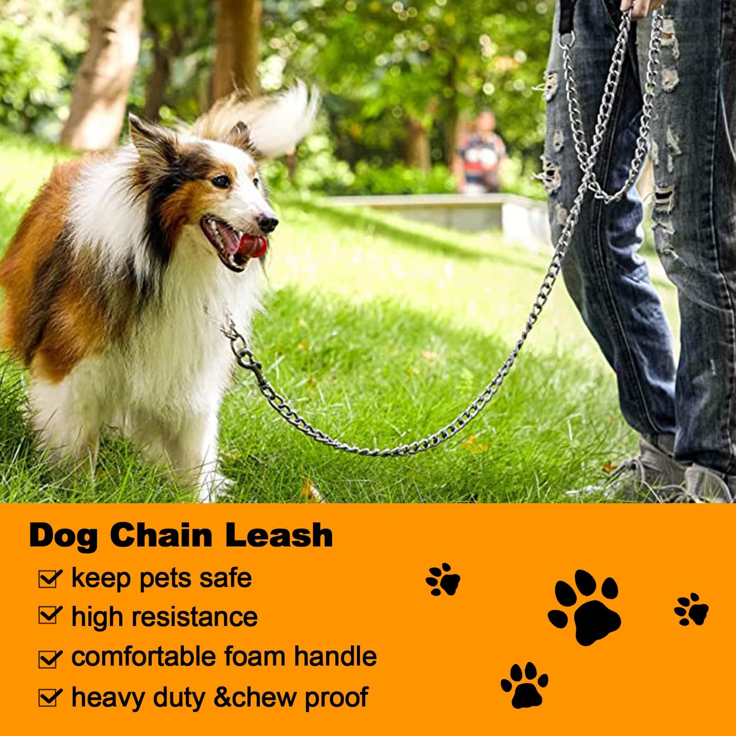 Heavy Duty Metal Dog Leash, 4FT Chew Proof Pet Leash Chain with Soft Padded Handle for Large & Medium Size Dogs (120cm*3mm)