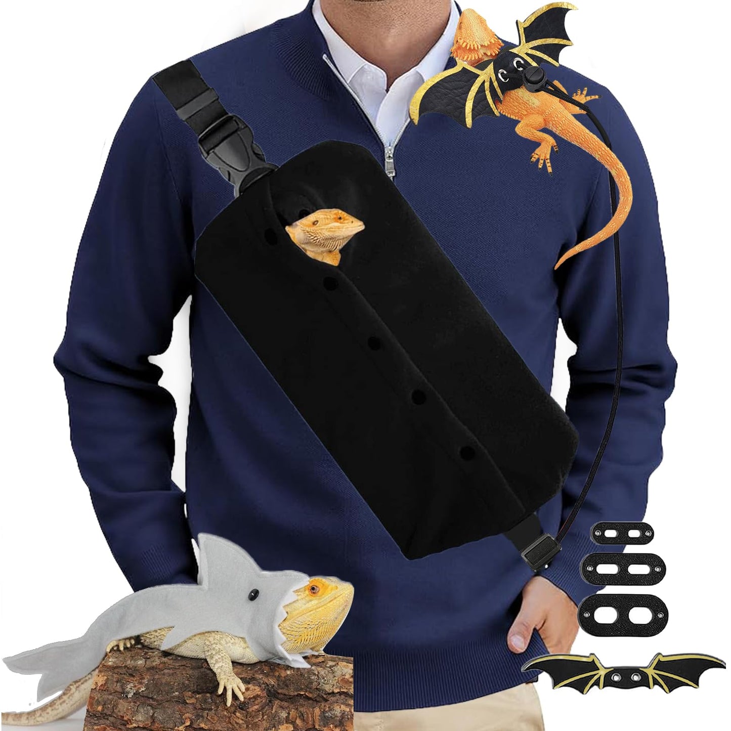 Bearded Dragon Carrier Set - Reptile Kit With Leash, Harness Vest, Shark Costume for Small Pets Travel
