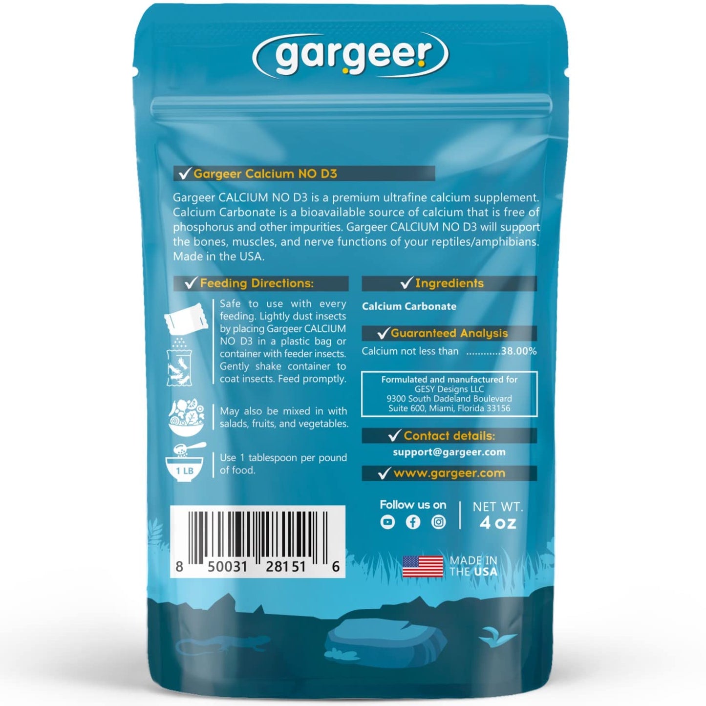 Gargeer 4oz All Reptile Calcium with Vitamin D3, Phosphorus-Free, Ultrafine Powder. Pure dust, Real Fruits Blend Flavored Ready to Use Supplement, for Lizards & Amphibians. Made in The USA. Enjoy !