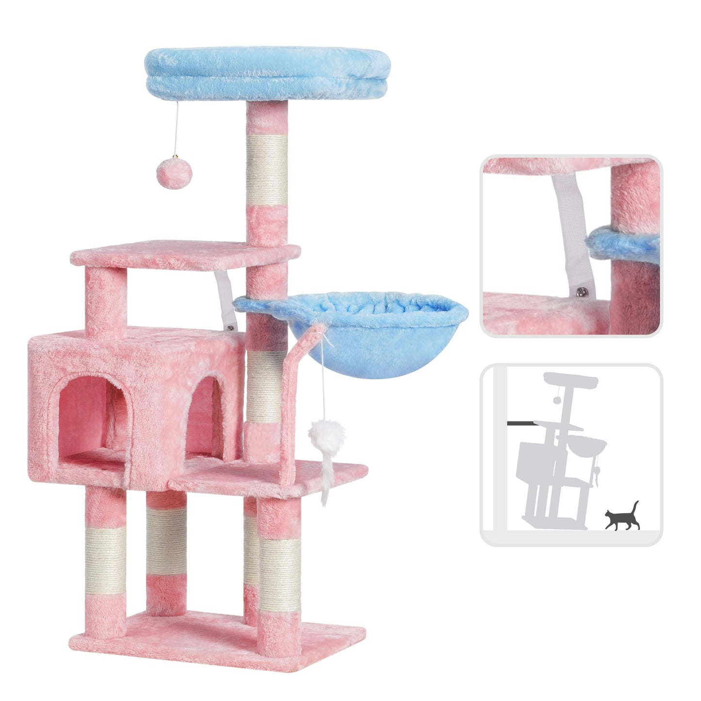 Heybly Cat Tree with Toy, Cat Tower condo for Indoor Cats, Cat House with Padded Plush Perch, Cozy Hammock and Sisal Scratching Posts, Light Gray HCT004SW