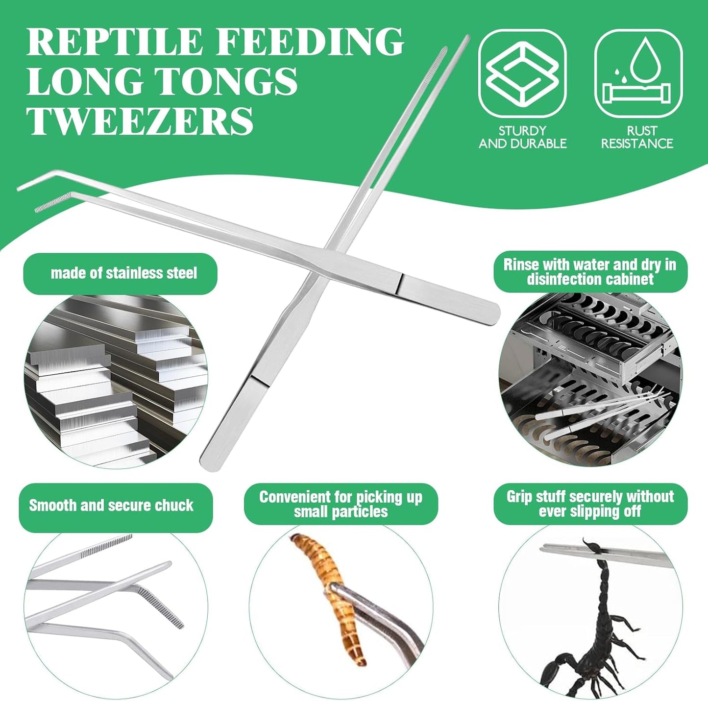 Yauhar 7Pcs Reptile Feeding and Cleaning Tool Set Contains Stainless Steel Long Tongs Tweezers with Rubber Tip, Feed Clamp and Scoop for Tortoise Lizard Frog Spider Crested Gargoyle Bearded Dragon