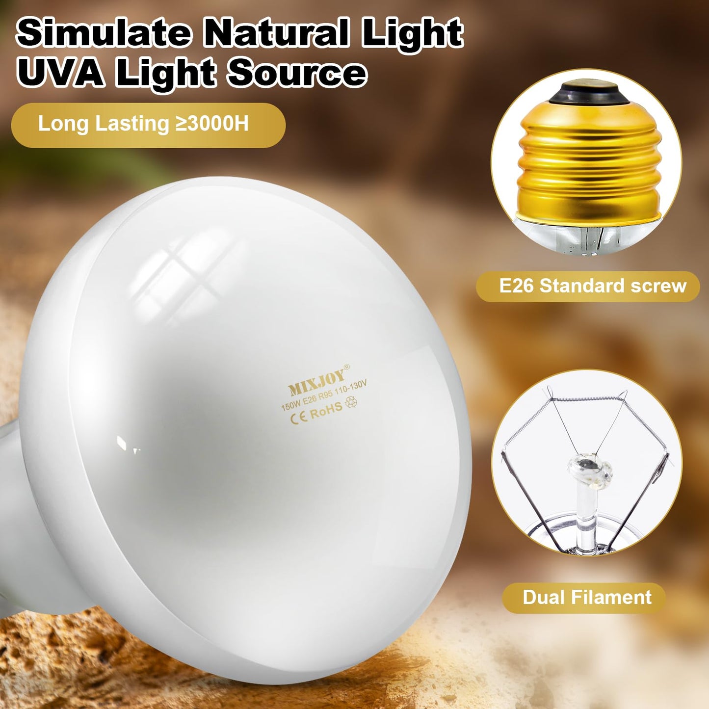 MIXJOY Reptile Heat Lamp, 2 Pack 100W Reptile Heat Lamp Bulbs, UVA Daylight Basking Spot Light for Reptiles and Amphibians - Lizard, Tortoise, Bearded Dragon