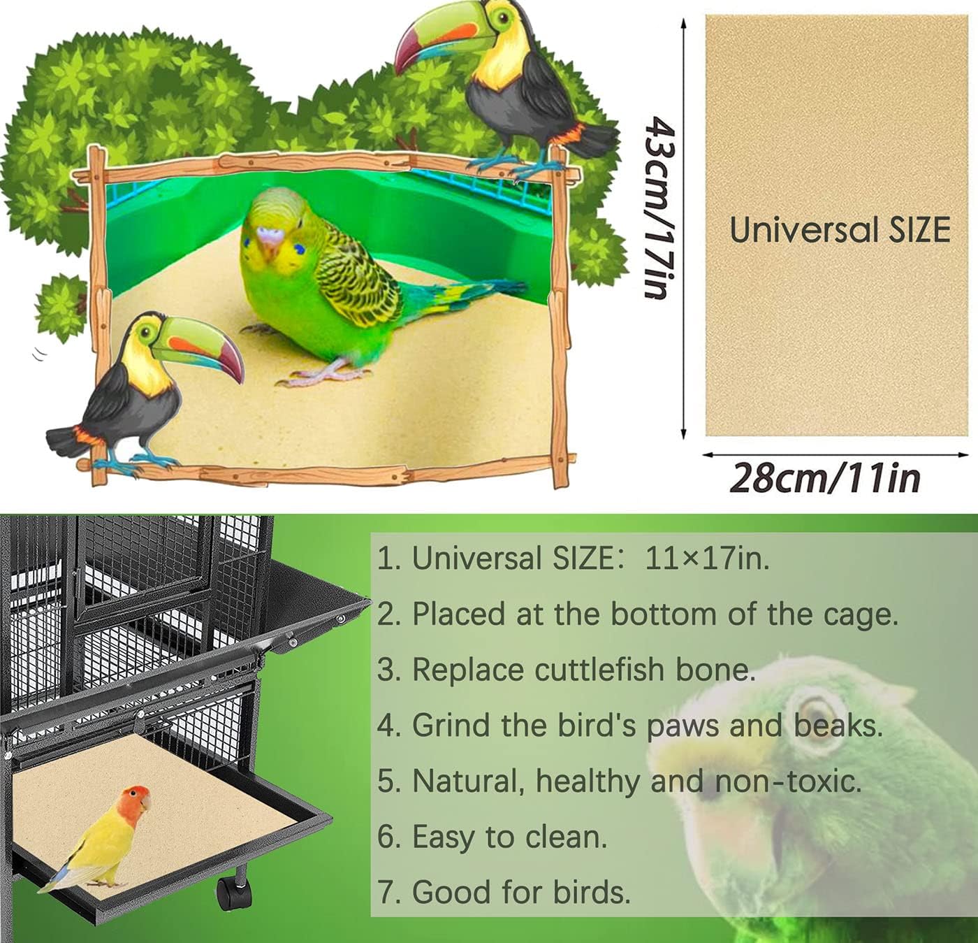20PCS Gravel Paper for Bird Cage,11x17 Inch Bird cage Liner Gravel Paper Special for Bird Cage in sea Sand-Great for Hard-Billed Birds Safe& Clean & Easy for Improved Digestion…