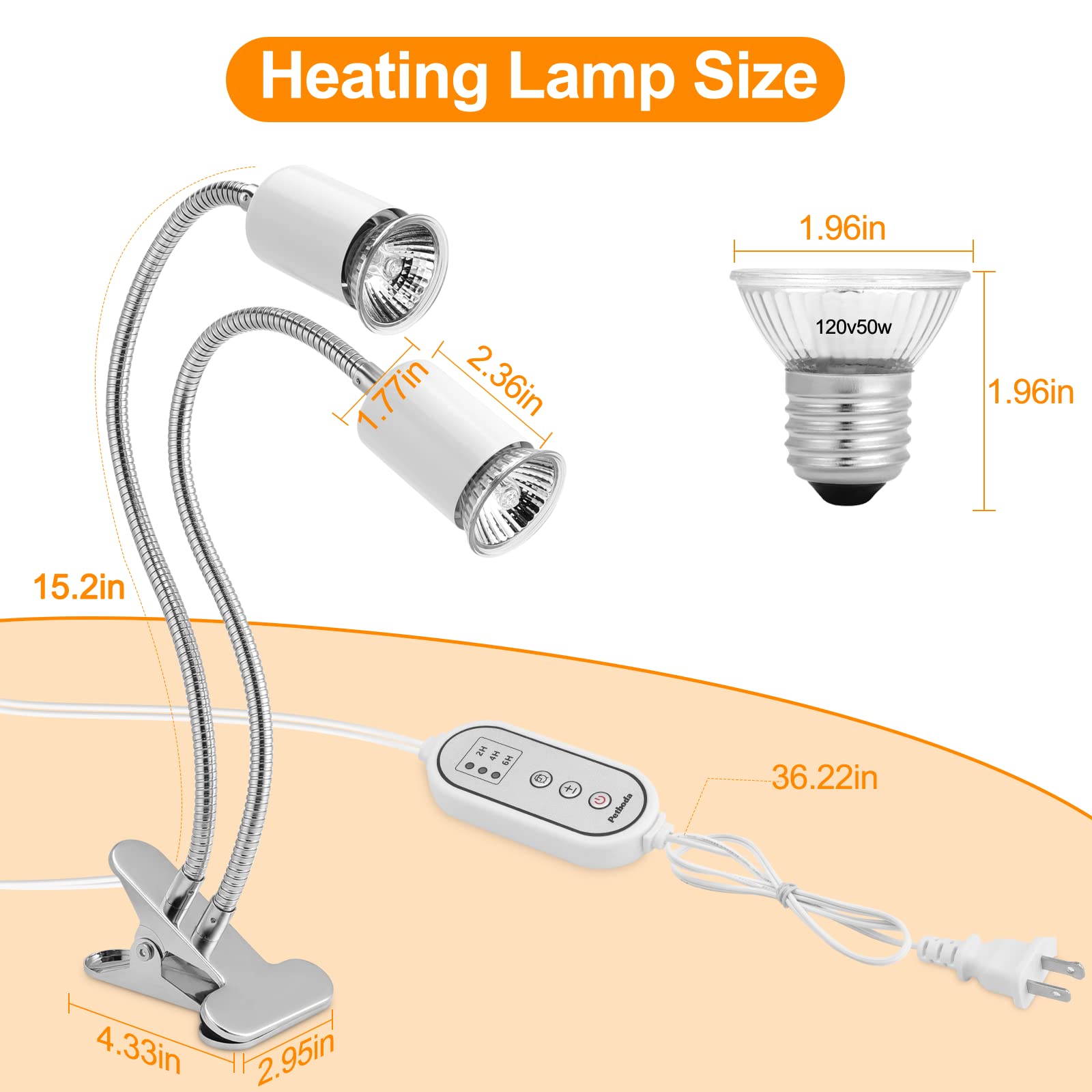 Petboda Reptile Heat Lamp, Dual Head UVA/UVB Reptile Light with Cycle Timer, Dimmable Basking Light for Turtle Tortoise Lizard Snake Bearded Dragon and More, 4 Bulbs Included (Black) - Furr-Reel