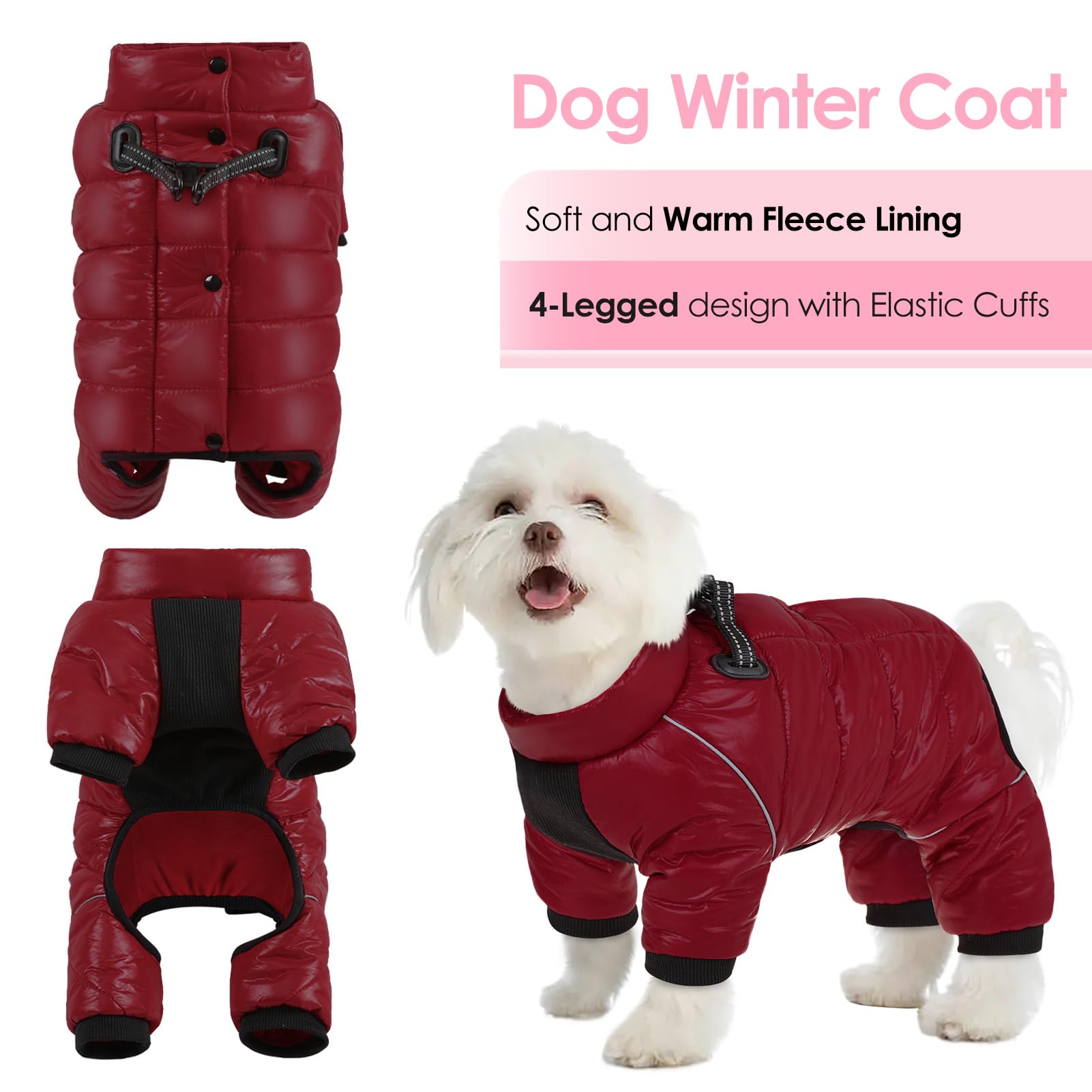 AOFITEE Dog Coat, Waterproof Dogs Jacket for Winter, Warm Fullbody Small Dog Snowsuit, Winter Coat for Small Dogs, Zip Up Pet Puffer Jacket Fleece Vest, Reflective Pet Snow Jackets, Christmas Red Furr-Reel