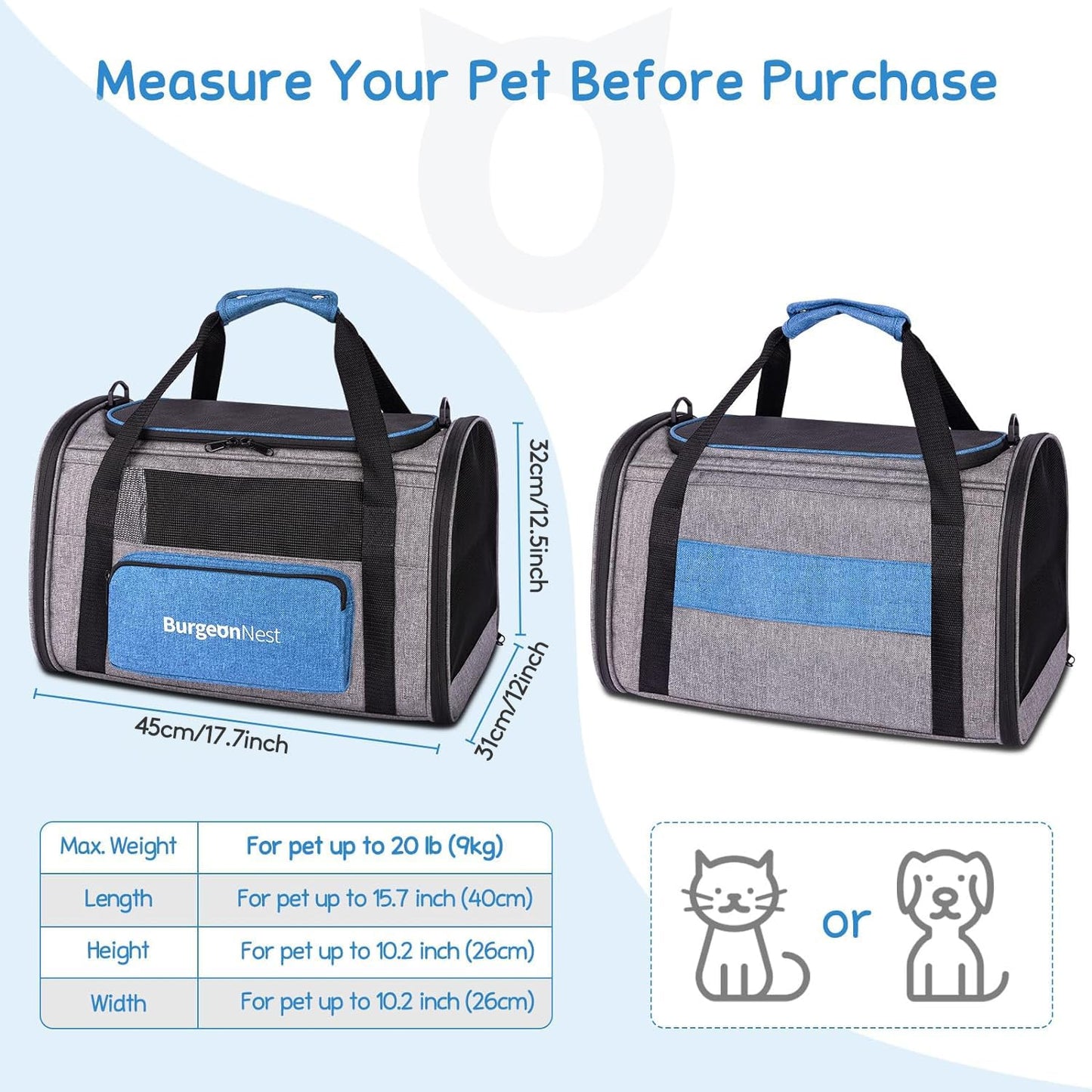 BurgeonNest Dog Carrier for Small Dogs and Large Cats Under 20 lbs, Medium Cats 25 lbs, and with Unique Side Bag,Top Load Pet Carrier Soft-Sided Escape Proof with 4 Ventilated Windows