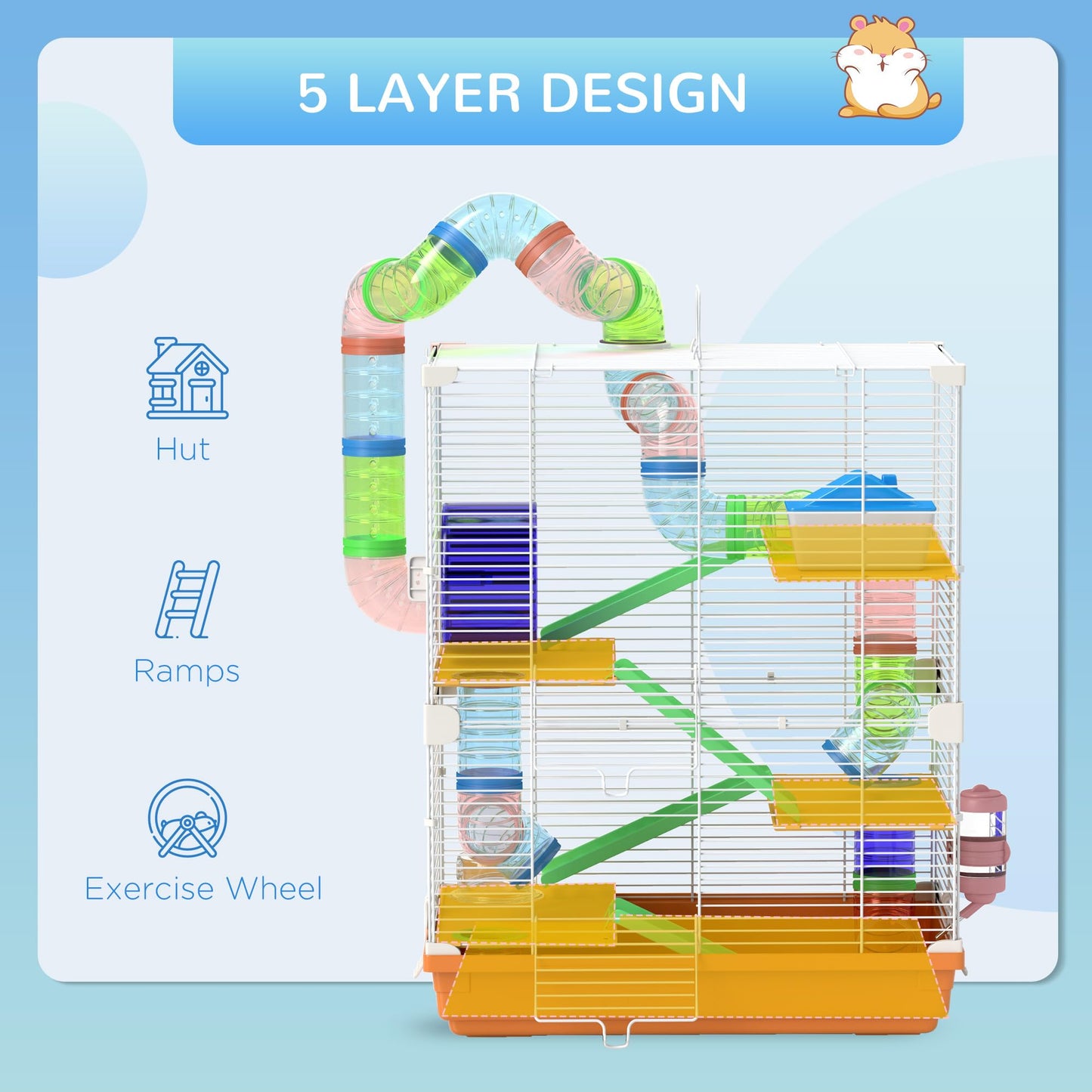 PawHut Hamster Cage, Small Animal House, 3-Level Guinea Pig Cage Gerbil Haven, Tunnel Tube System, with Water Bottle, Exercise Wheel, Food Dish, Ramps, Blue