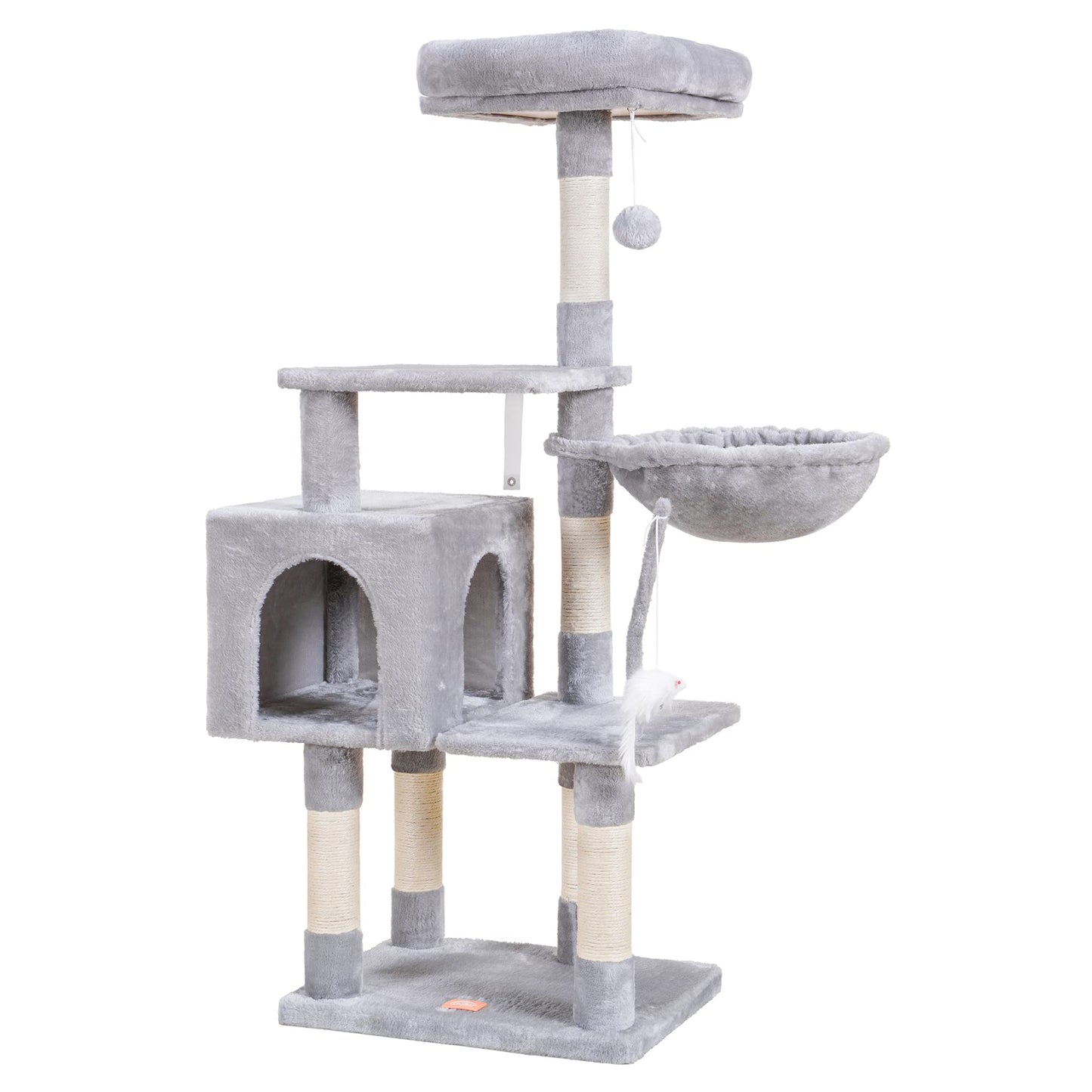 Heybly Cat Tree with Toy, Cat Tower condo for Indoor Cats, Cat House with Padded Plush Perch, Cozy Hammock and Sisal Scratching Posts, Light Gray HCT004SW