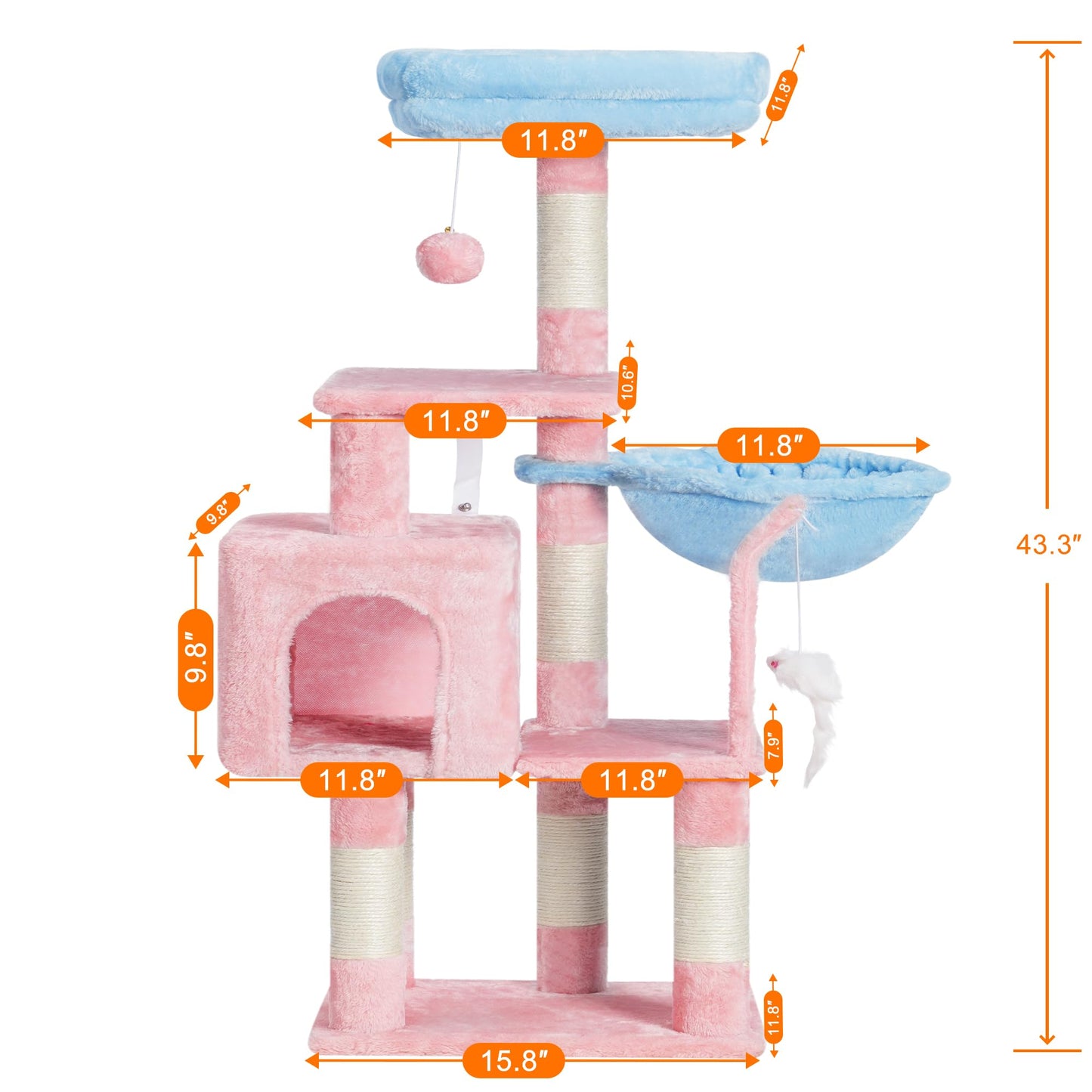 Heybly Cat Tree with Toy, Cat Tower condo for Indoor Cats, Cat House with Padded Plush Perch, Cozy Hammock and Sisal Scratching Posts, Light Gray HCT004SW