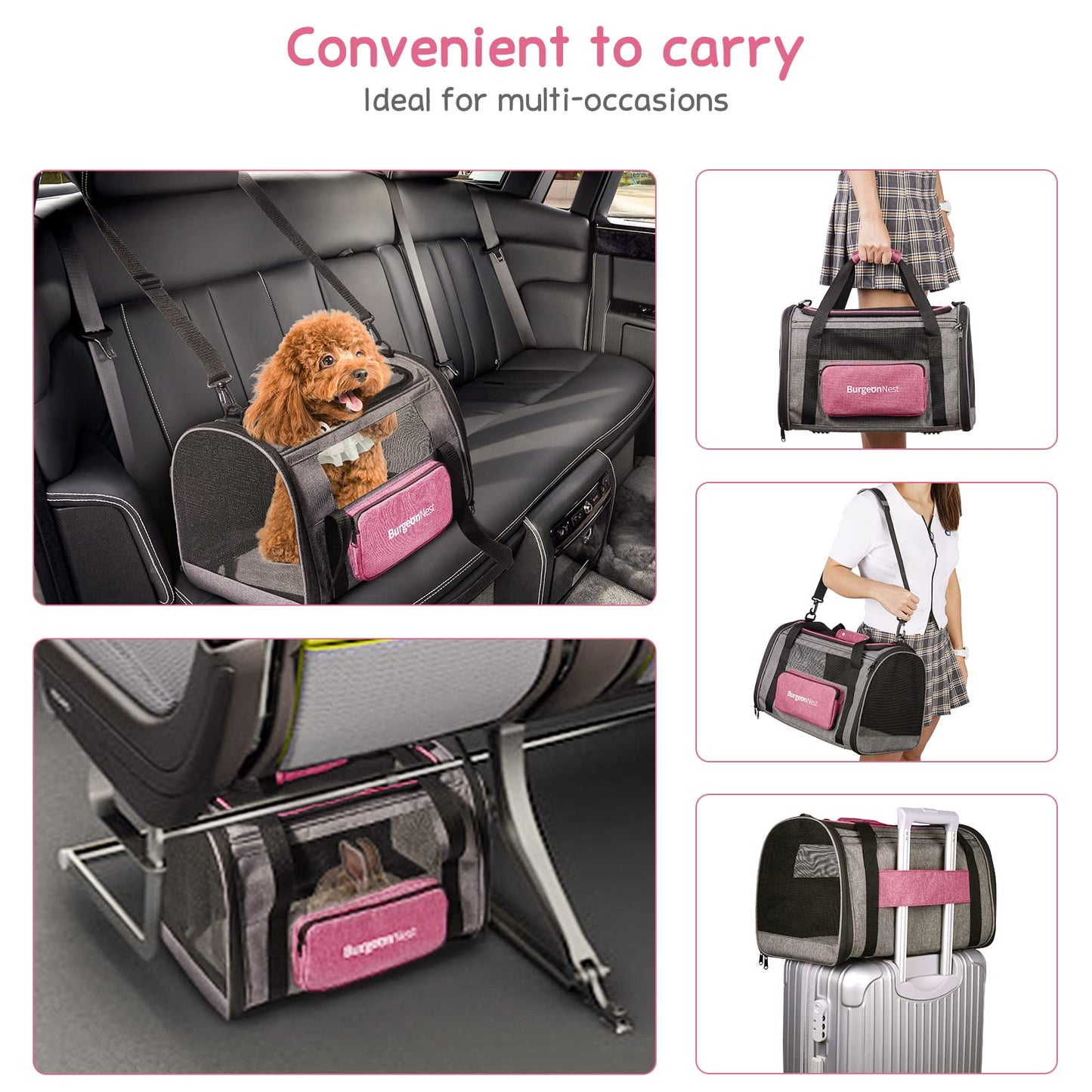 BurgeonNest Dog Carrier for Small Dogs and Large Cats Under 20 lbs, Medium Cats 25 lbs, and with Unique Side Bag,Top Load Pet Carrier Soft-Sided Escape Proof with 4 Ventilated Windows