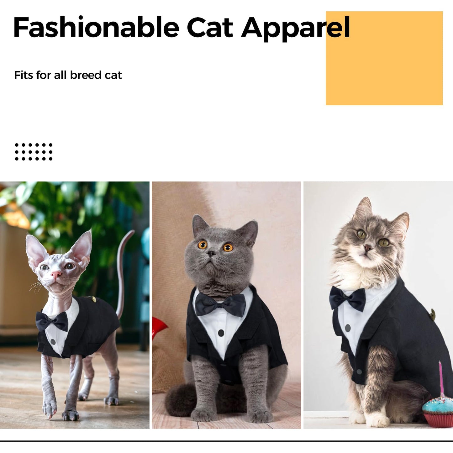 DENTRUN Cat Tuxedo Outfit, Sphynx Cat Costume Formal Suit with Bow Tie, Stylish Cat Shirt Fashion Apparel Fancy Clothes, Kitten Formal Attire Wedding Onesie Costume for Cats Only
