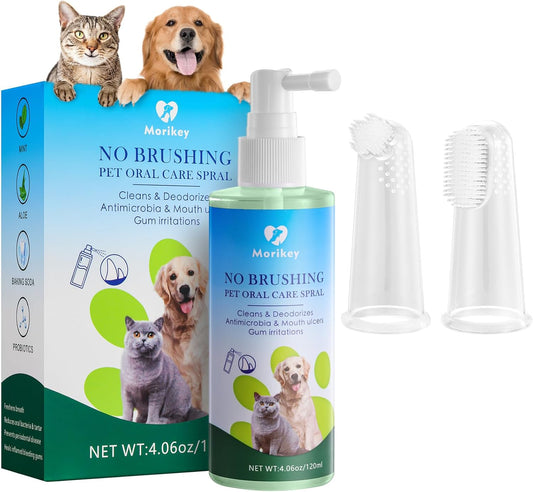 Morikey Pet Oral Spray Clean Gentle Bad Breath Treatment, Cleaning for Teeth, Gums and Oral Health Care for Your Dogs and Cats 2 Teeth Brushes Included 4.06 Fl Oz