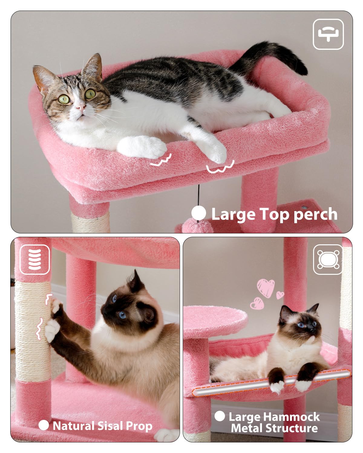 PEQULTI Cat Tree for Large Cats with Super Large Top Perch, [56.3"=143cm] Tower for Indoor Cats with Hammock and Sleeping Bag, Cat Shelves with Scratching Posts and 2 Condos Houses Grey